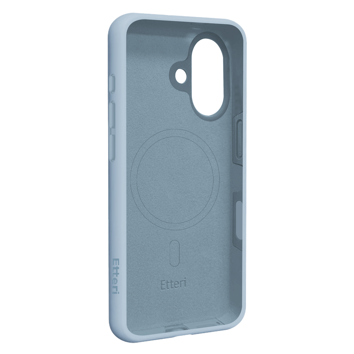 Una custodia per telefono azzurra con interno grigio. La custodia ha fori per la fotocamera e i pulsanti. Il marchio 'Etteri' è visibile.