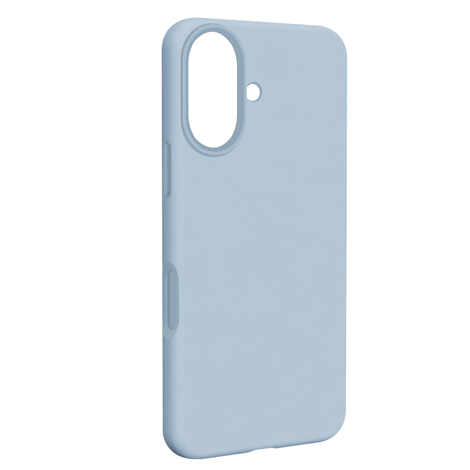 Una custodia per telefono azzurra, con bordi arrotondati e ritagli per fotocamera e pulsanti. Lo sfondo è bianco.