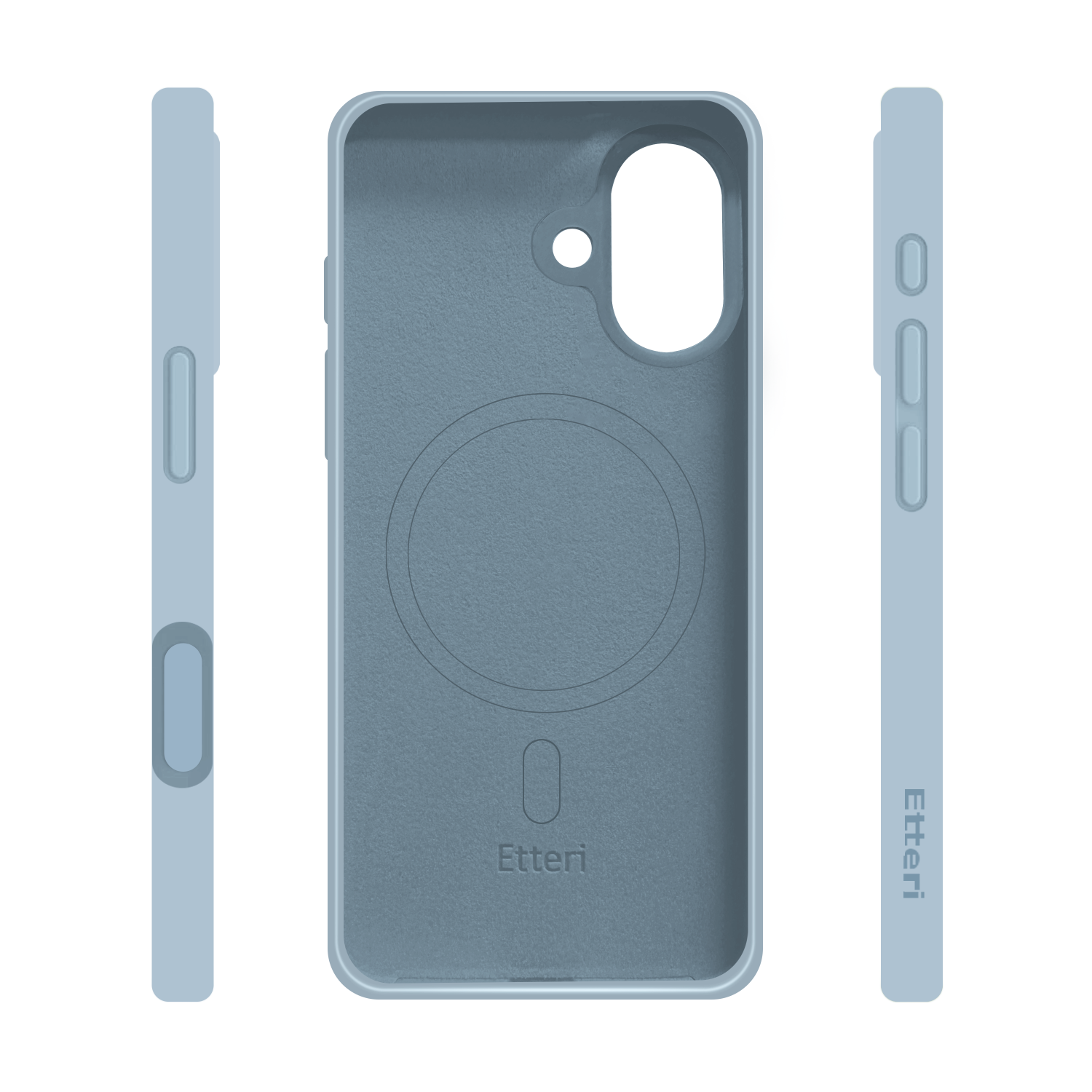 Una custodia per telefono azzurra con tre viste: frontale, lato sinistro e lato destro. La custodia ha un ritaglio per la fotocamera e il logo Etteri.