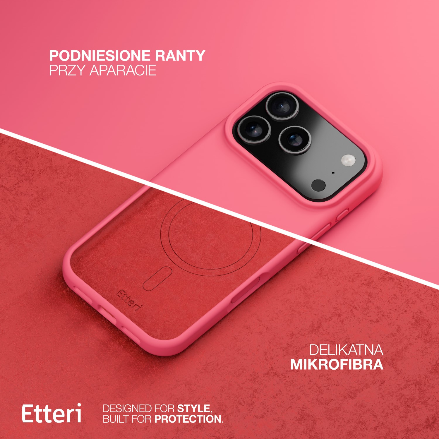 Różowe etui na telefon z czarnym panelem aparatu na czerwonej powierzchni. Tekst po polsku i angielsku opisuje cechy etui.