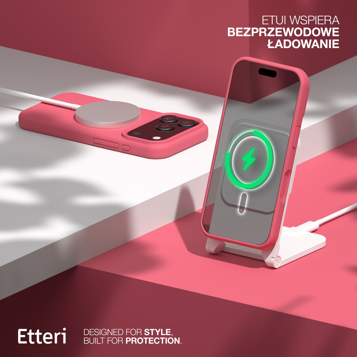 Różowy telefon z ładowarką MagSafe na białym stojaku, pokazuje ikonę ładowania. Tło jest różowe i białe.