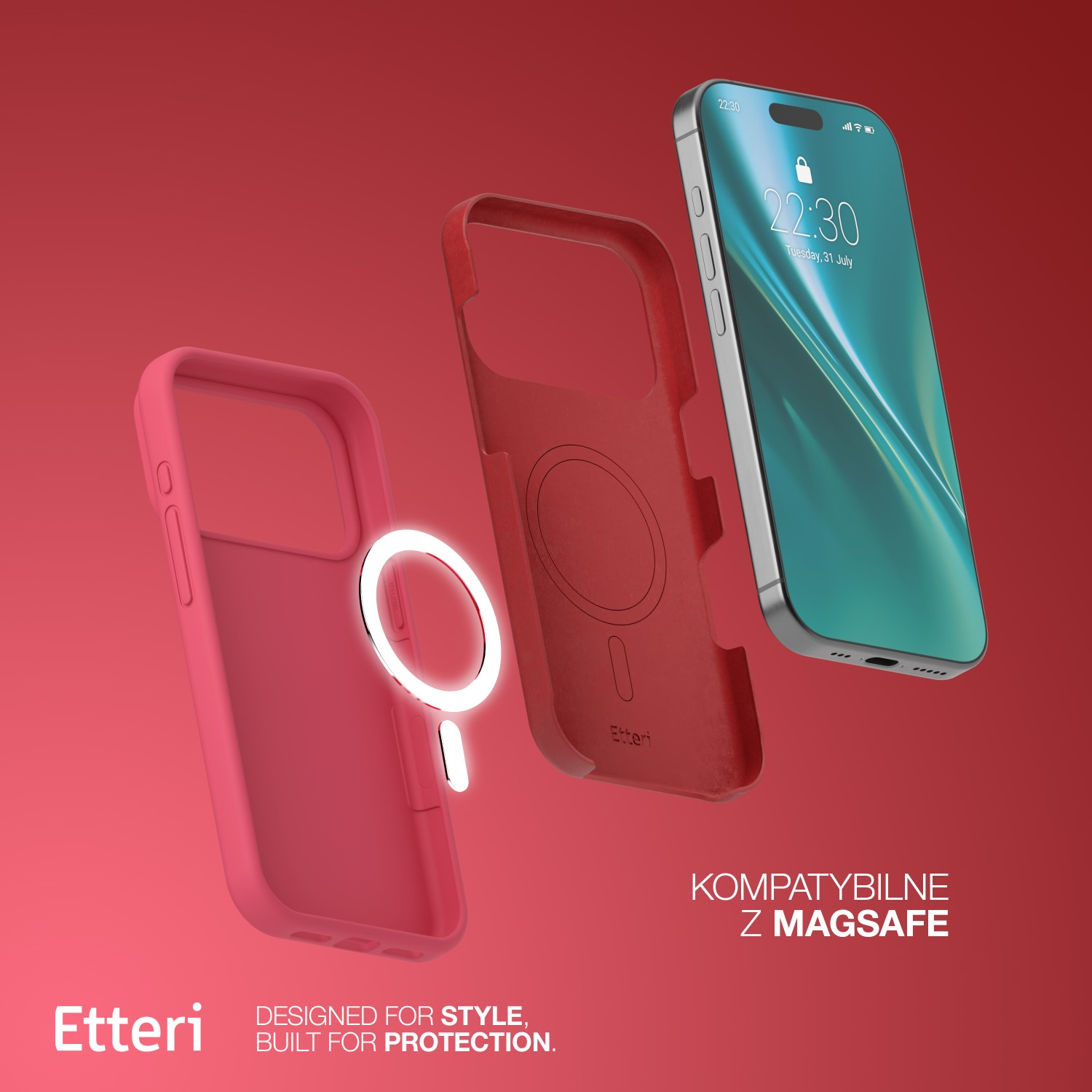 iPhone z czerwonym etui, różowym etui i białym pierścieniem. Telefon pokazuje godzinę. Tekst: "Kompatybilne z Magsafe."