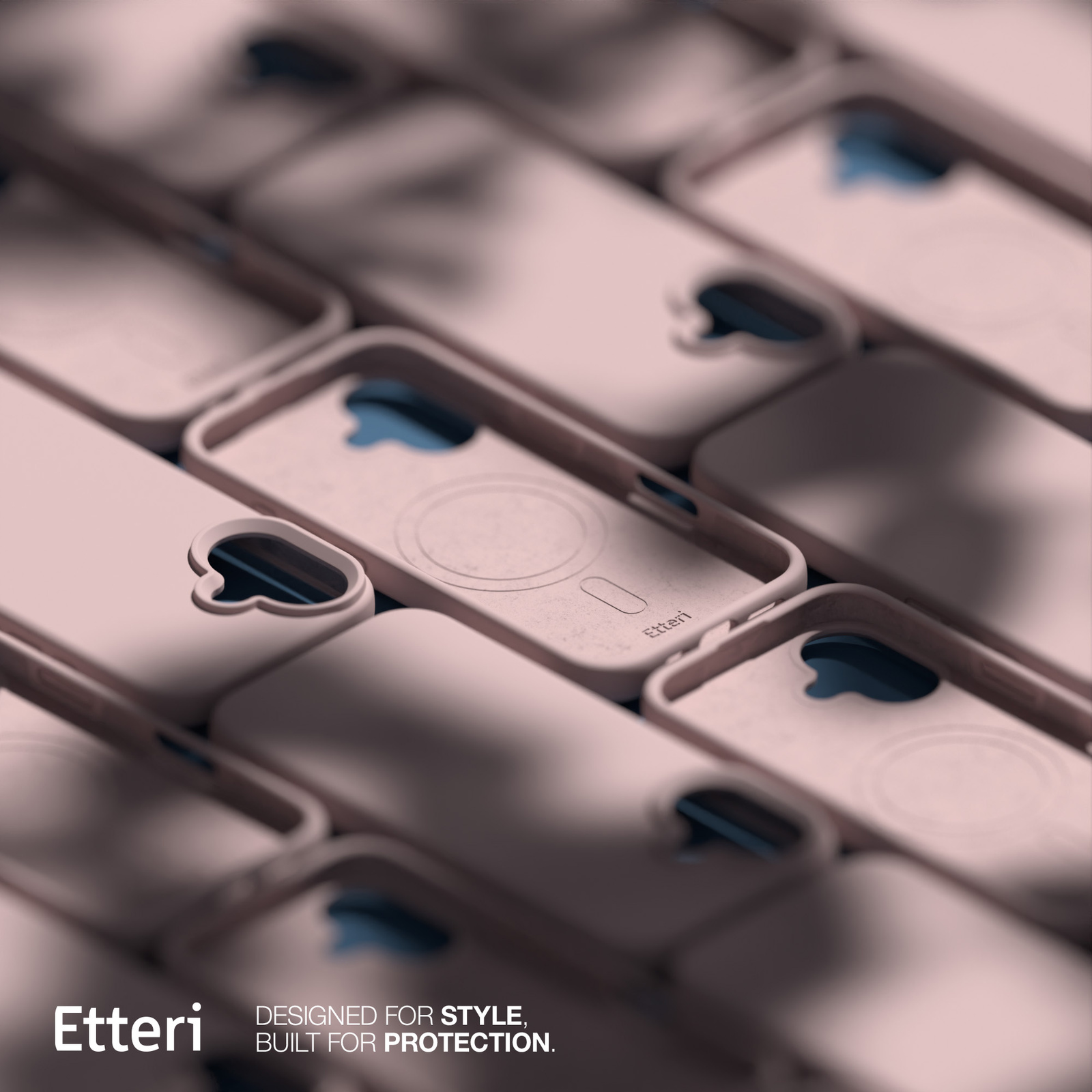 Primo piano di più custodie per telefoni rosa con interni blu. Il marchio Etteri è visibile.