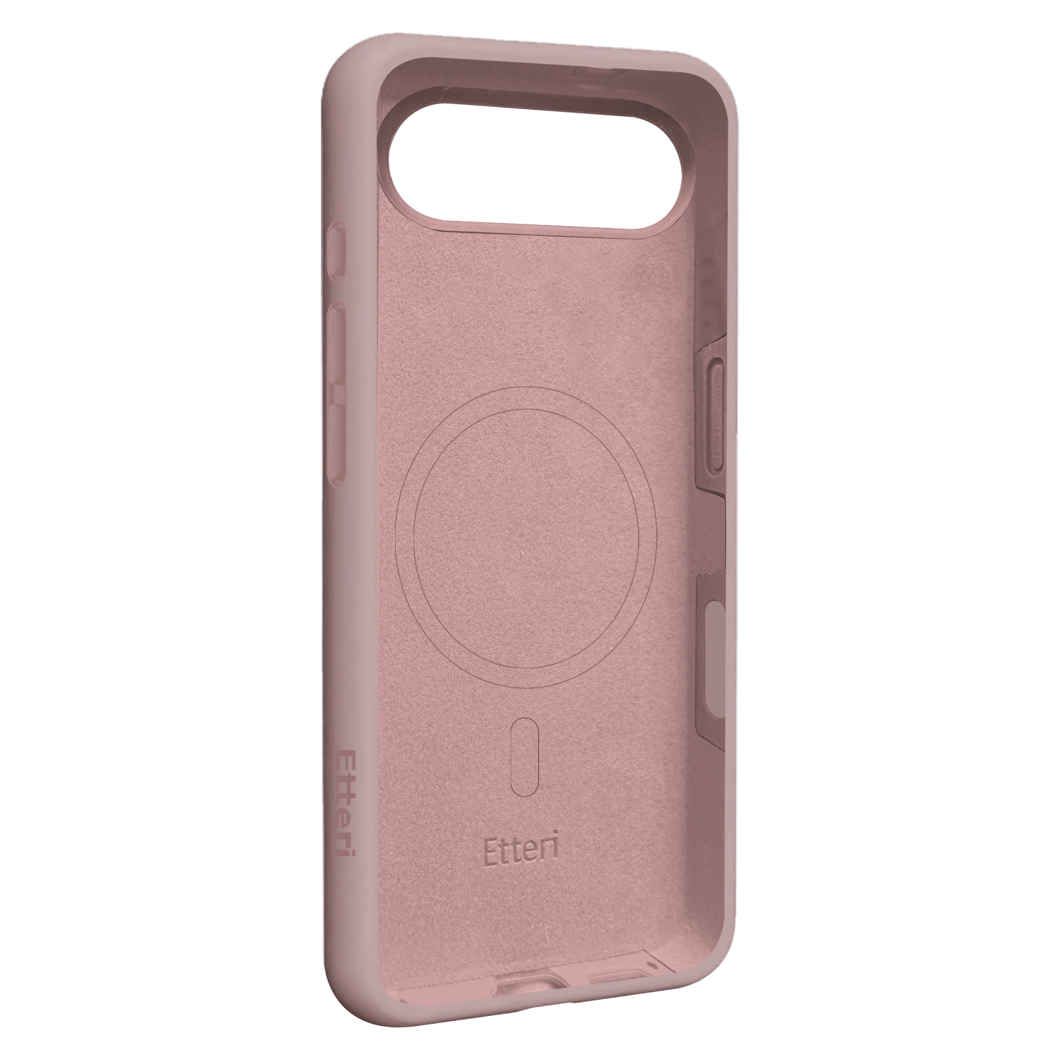 Una custodia per telefono rosa chiaro con il marchio "Etteri". Ha un'apertura per la fotocamera e i pulsanti. L'interno ha una superficie strutturata.