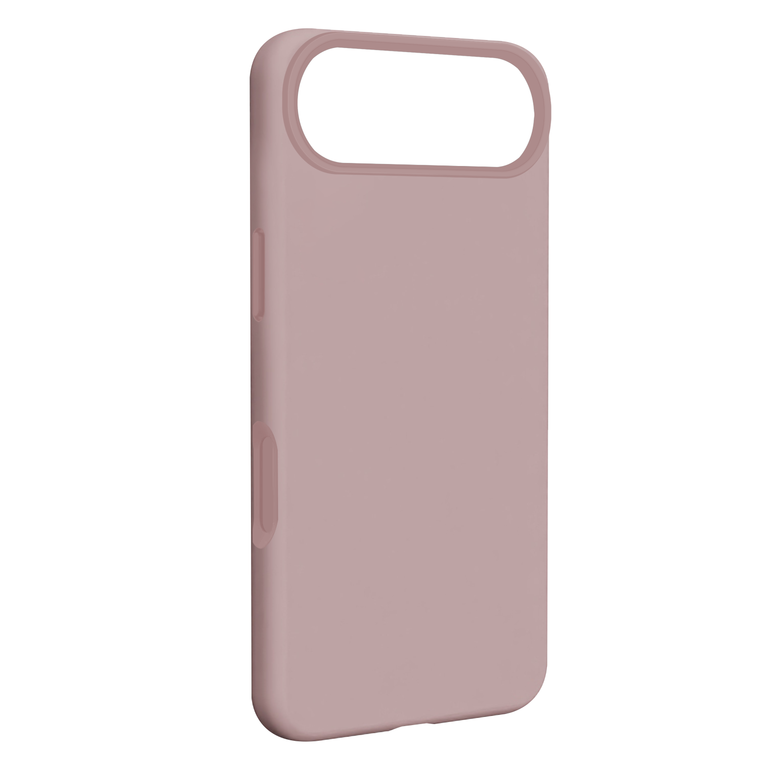Una custodia per telefono rosa polveroso. Ha un ritaglio per la fotocamera e coperture per i pulsanti del volume e di accensione. Lo sfondo è bianco.
