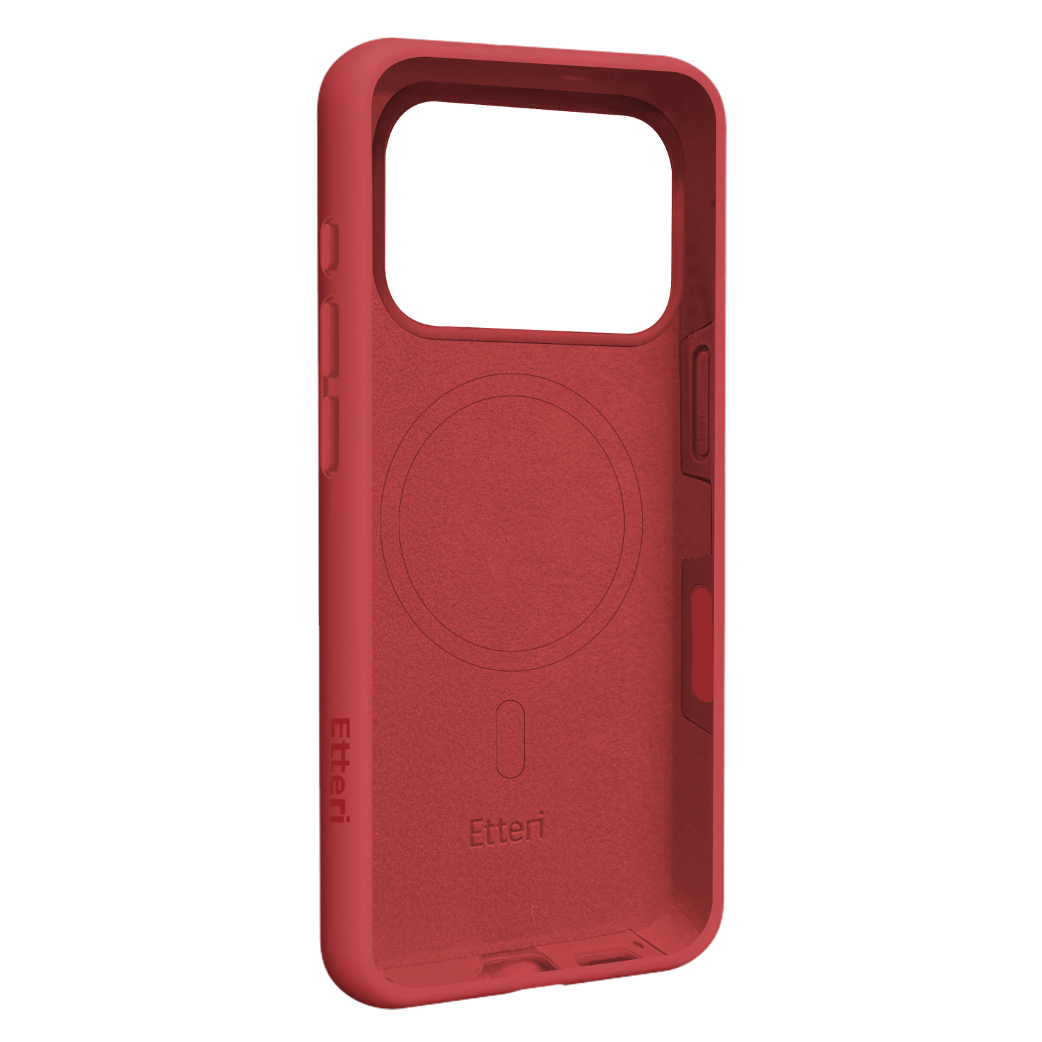 Czerwone etui na telefon z otwartą sekcją aparatu. Etui ma nadrukowaną markę 'Etteri'. Tło jest białe.