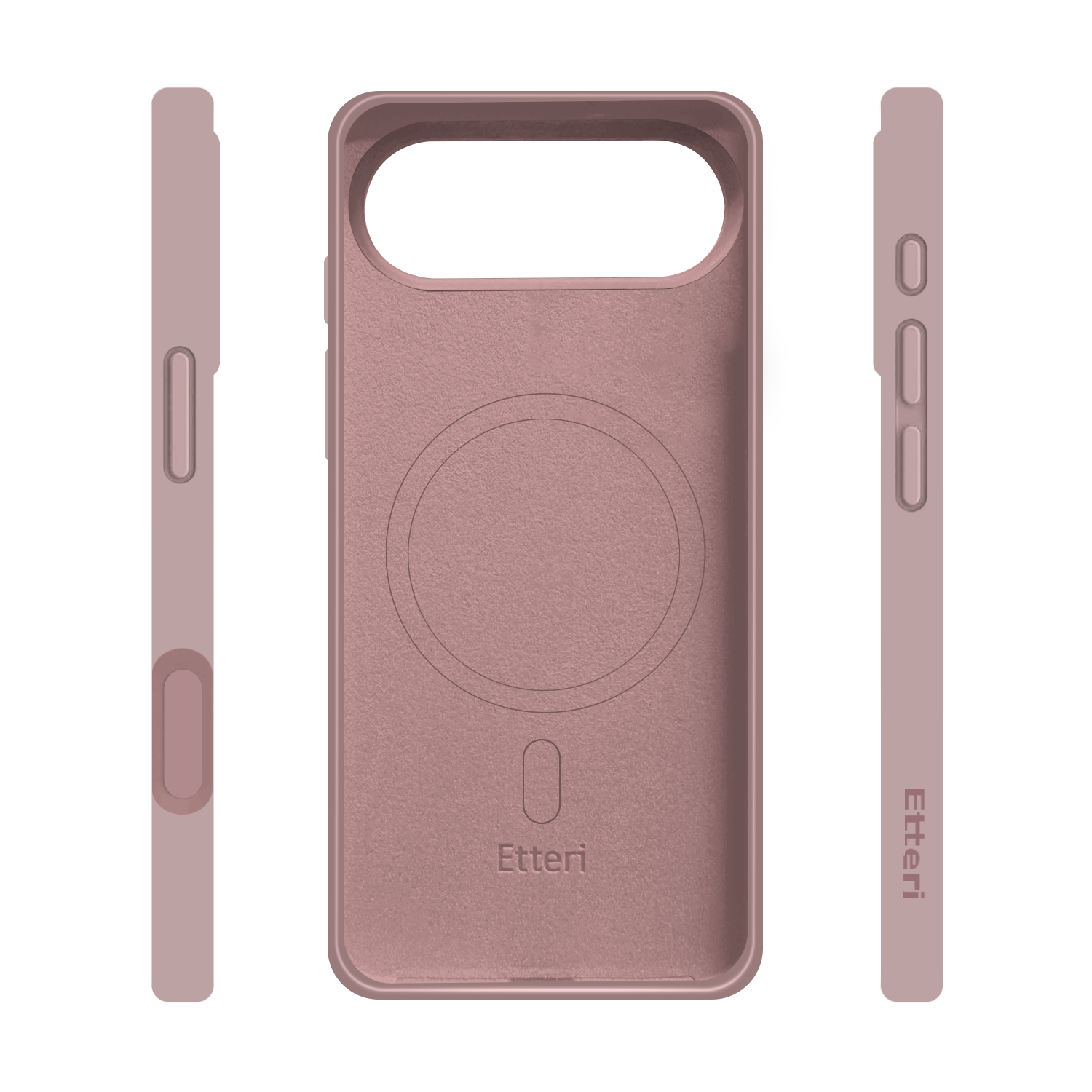 Una custodia per telefono color malva chiaro con tre viste. La custodia ha un ritaglio per la fotocamera e i pulsanti, ed è visibile il marchio 'Etteri'.