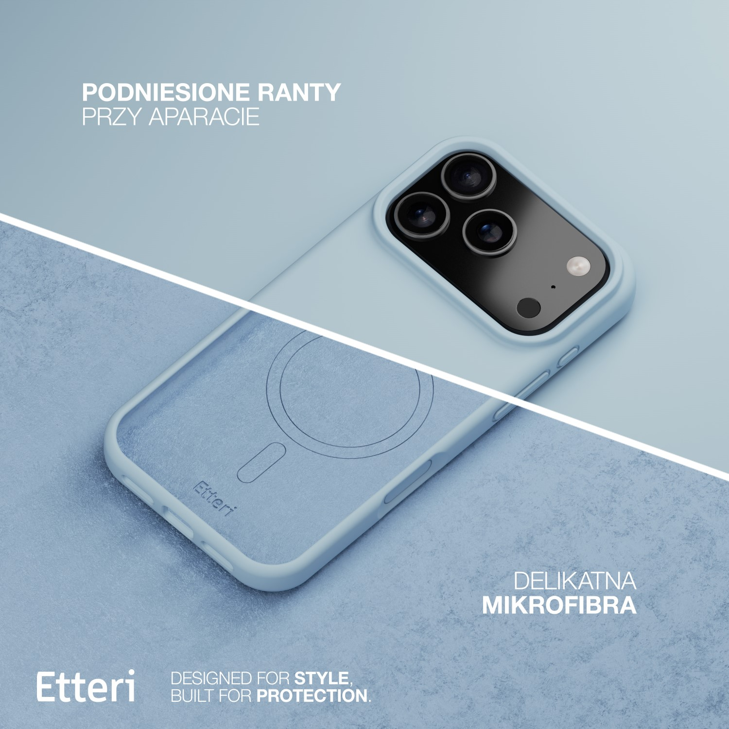 Jasnoniebieskie etui na telefon z podwyższonymi krawędziami przy aparacie, na teksturowanej powierzchni. Tekst: 'Etteri' i 'Delikatna Mikrofibra'.