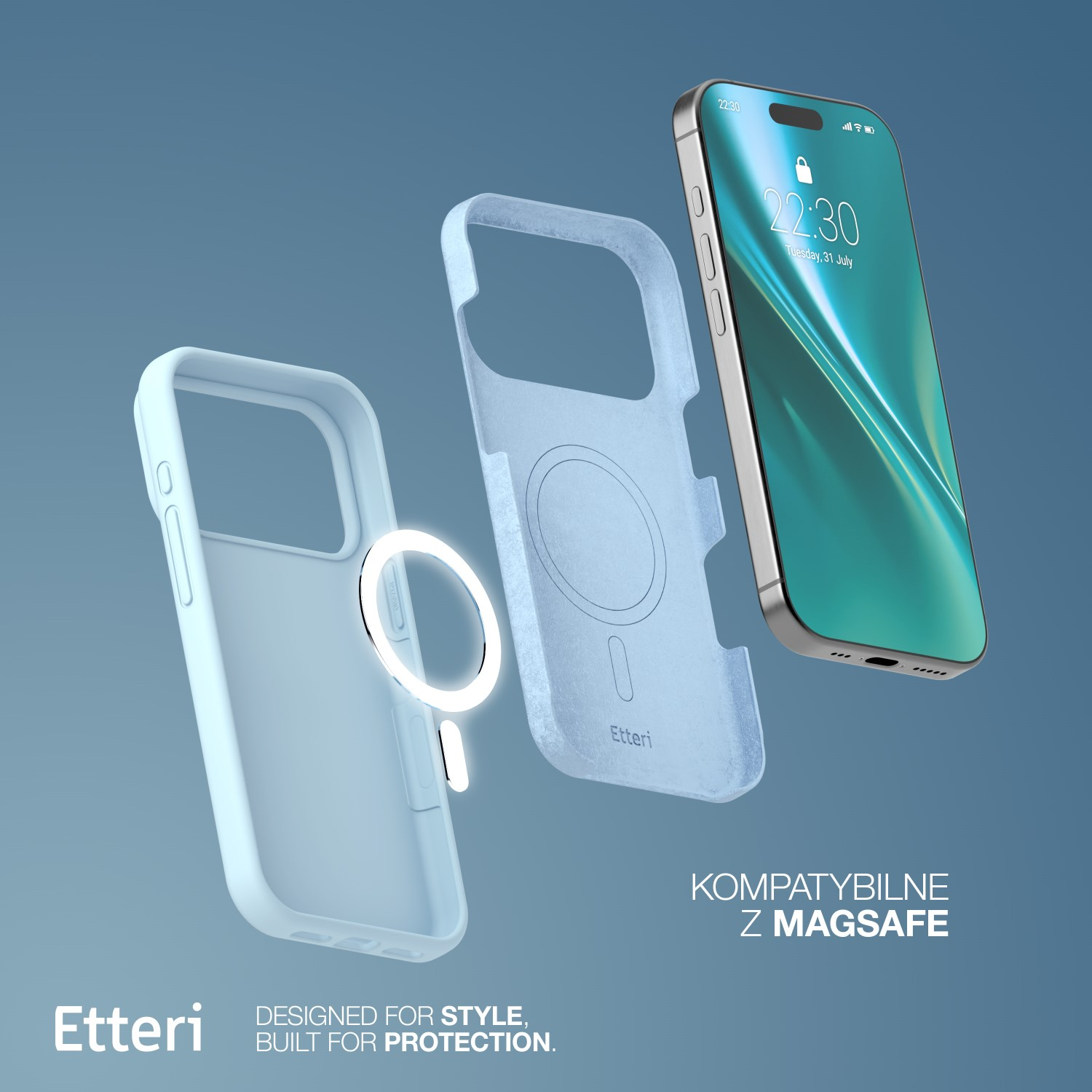 Telefon z etui, osłoną ochronną i świecącym pierścieniem unoszącym się w powietrzu. Telefon wyświetla godzinę: 22:30.