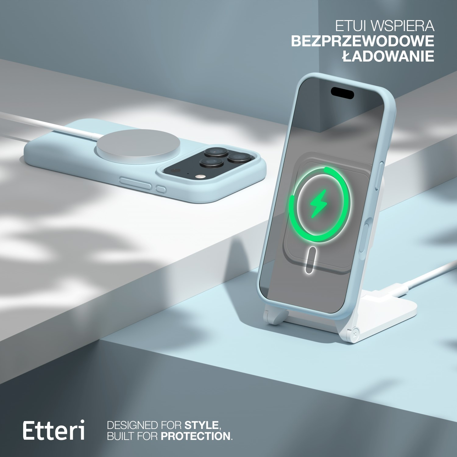 Niebieski telefon ładujący się bezprzewodowo. Jeden telefon spoczywa na ładowarce, drugi pokazuje ikonę ładowania. Biały kabel i tło.