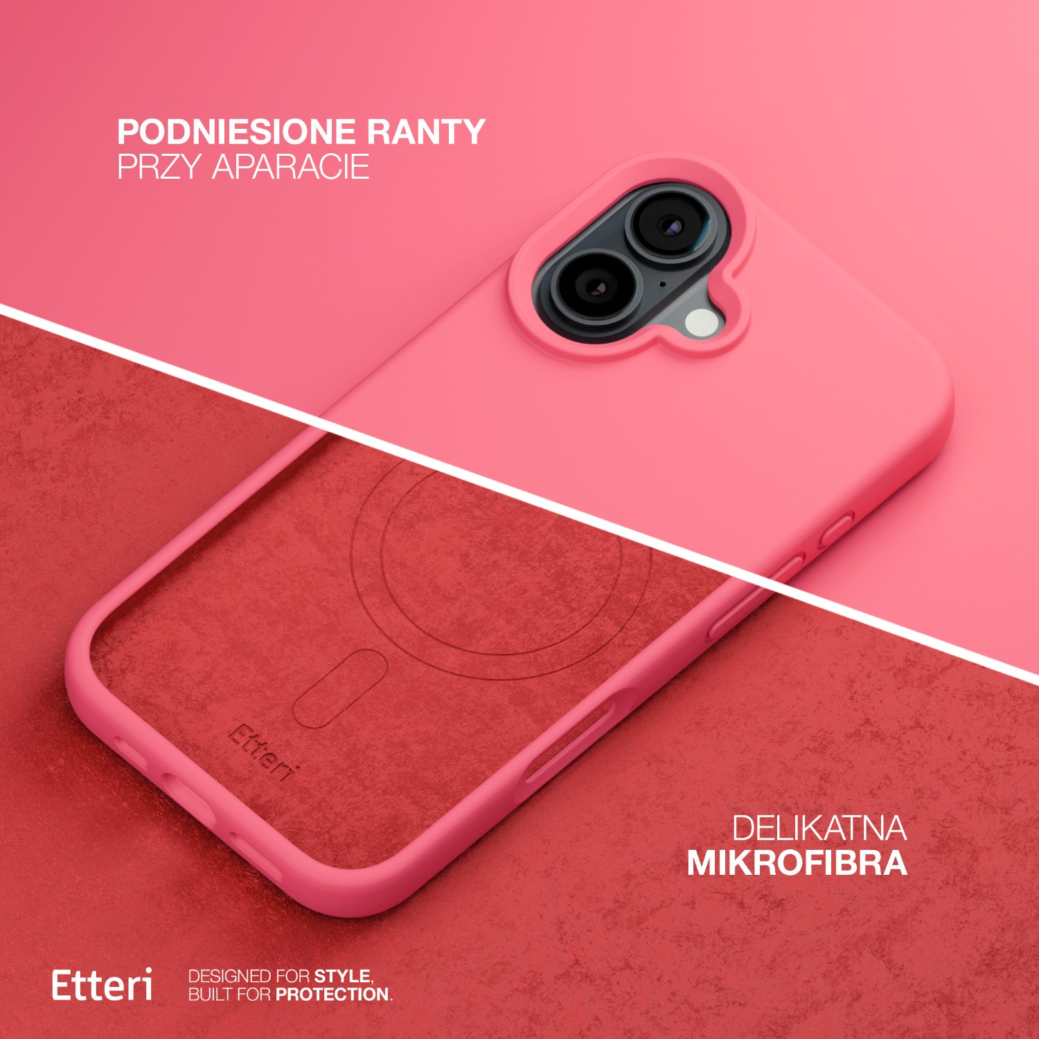 Custodia rosa per telefono con bordi rialzati, delicata microfibra e il marchio 'Etteri' su sfondo rosso.