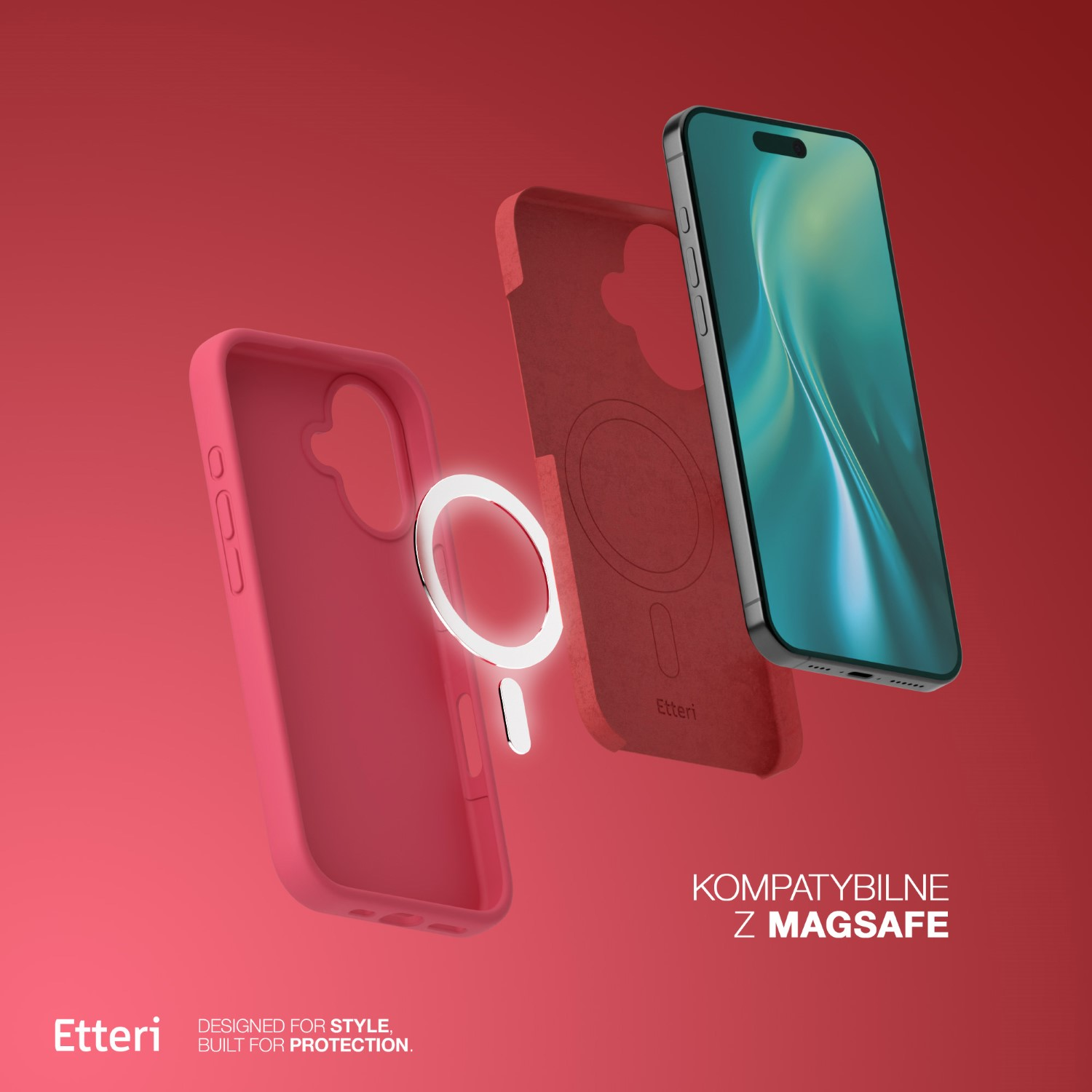 Un telefono, tre custodie e un caricabatterie fluttuano su uno sfondo rosso. Il testo recita 'Kompatybilne z MagSafe' e 'Designed for style, built for protection'.