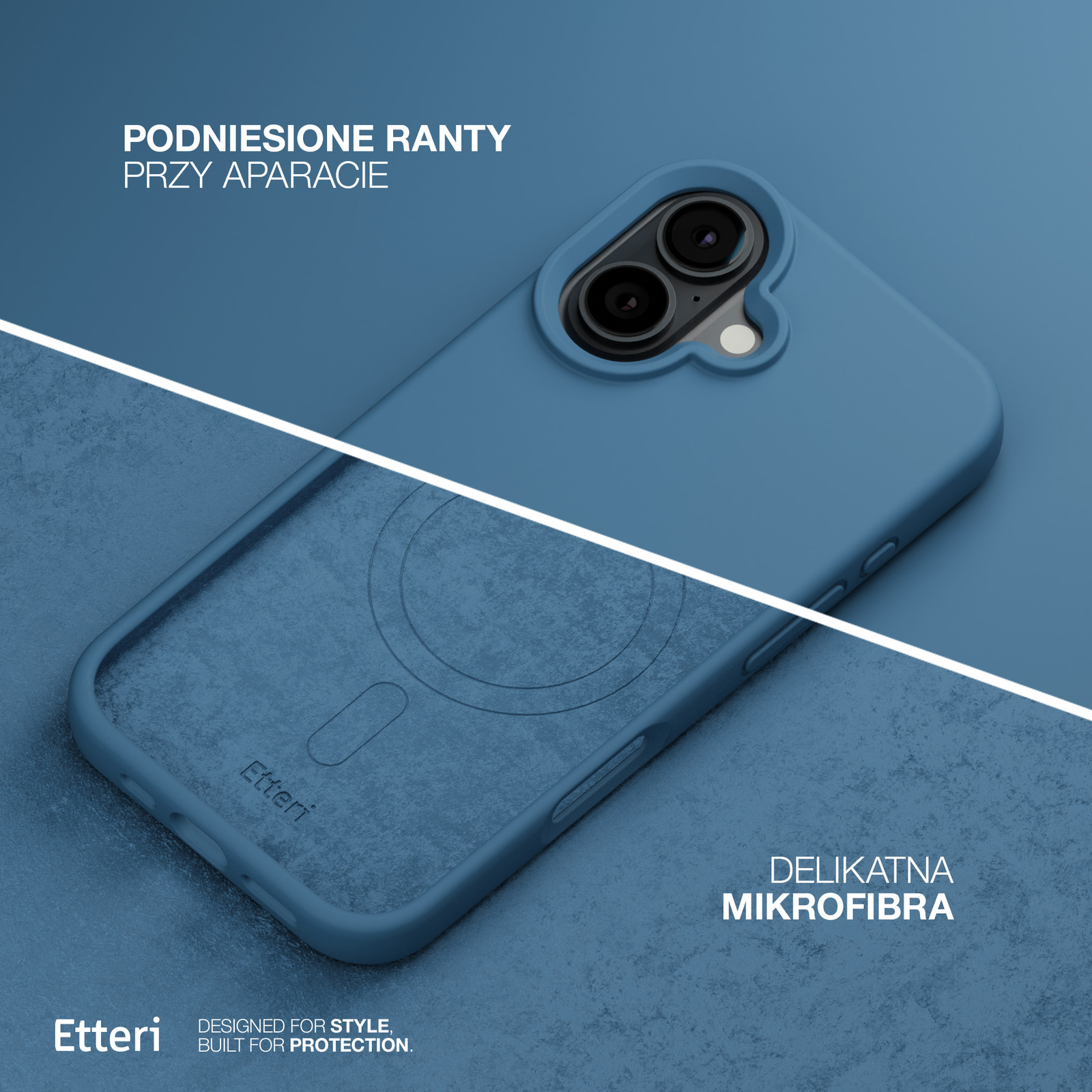 Custodia blu per telefono con bordi rialzati, lenti della fotocamera visibili e microfibra. Il marchio è Etterri.