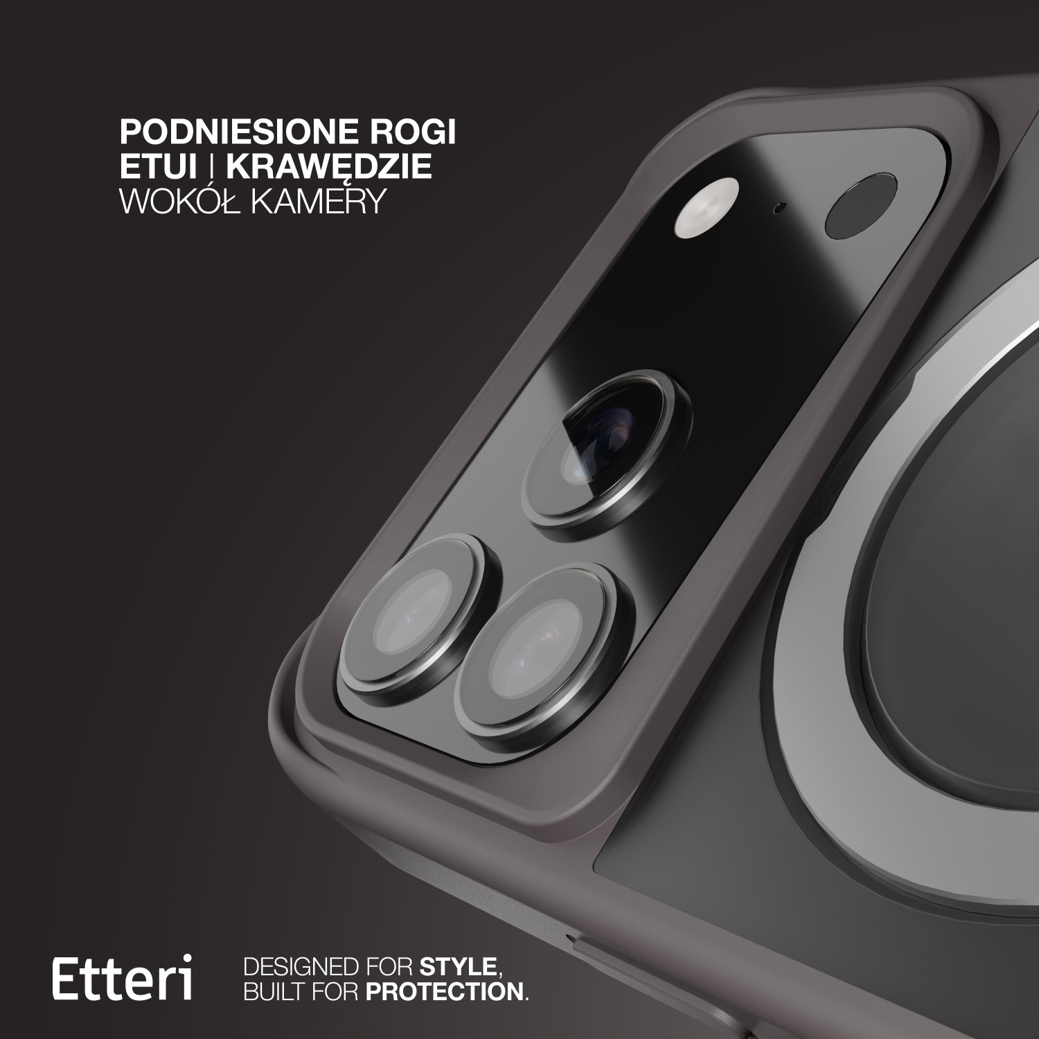 Primo piano di un telefono con una custodia protettiva. La custodia ha bordi rialzati attorno agli obiettivi della fotocamera. Lo sfondo è grigio scuro.