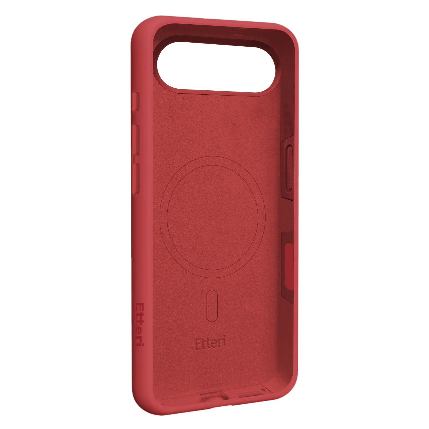 Una custodia rossa per telefono. Ha aperture per fotocamera e pulsanti. Il marchio, Etteri, è stampato.