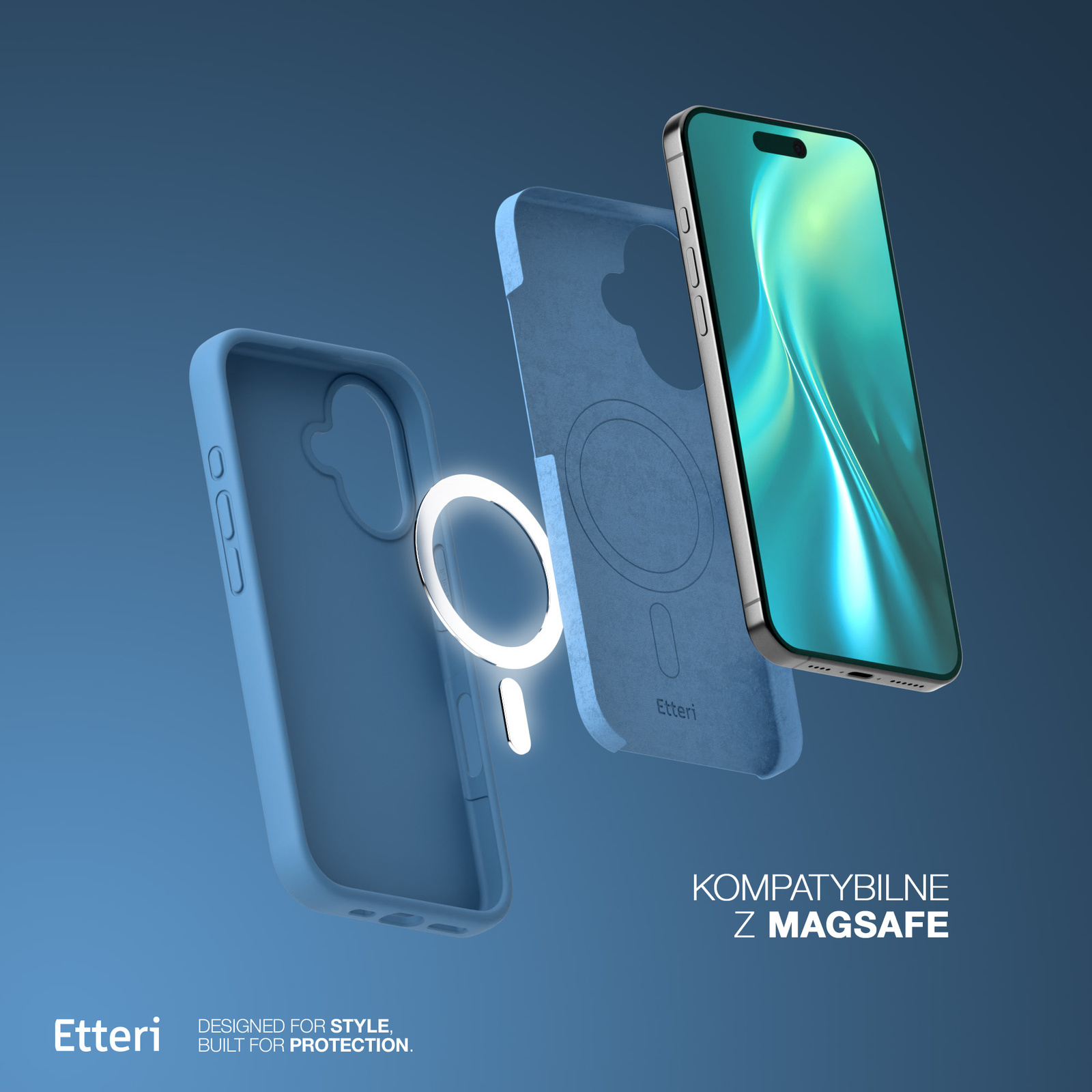Telefono e custodia protettiva. Custodia e telefono blu. Compatibile con Magsafe. Anche lo sfondo è blu.
