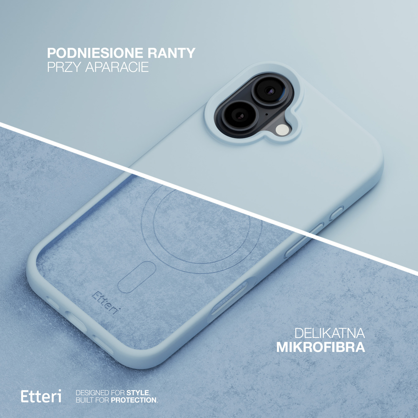 Una custodia per telefono azzurra con lenti della fotocamera. Testo: 'PODNIESIONE RANTY PRZY APARACIE' e 'DELIKATNA MIKROFIBRA'.