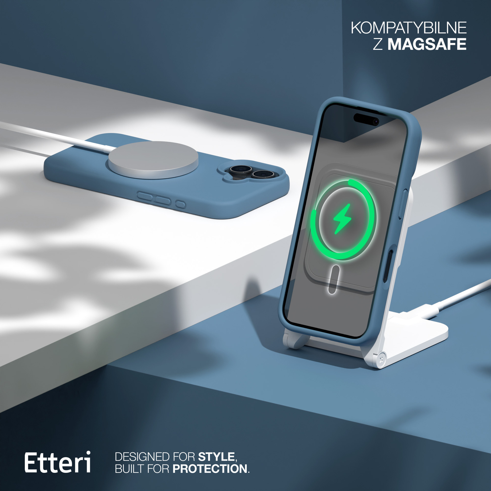Un telefono in una custodia blu si carica in modalità wireless. È visibile un caricatore con un fulmine verde.