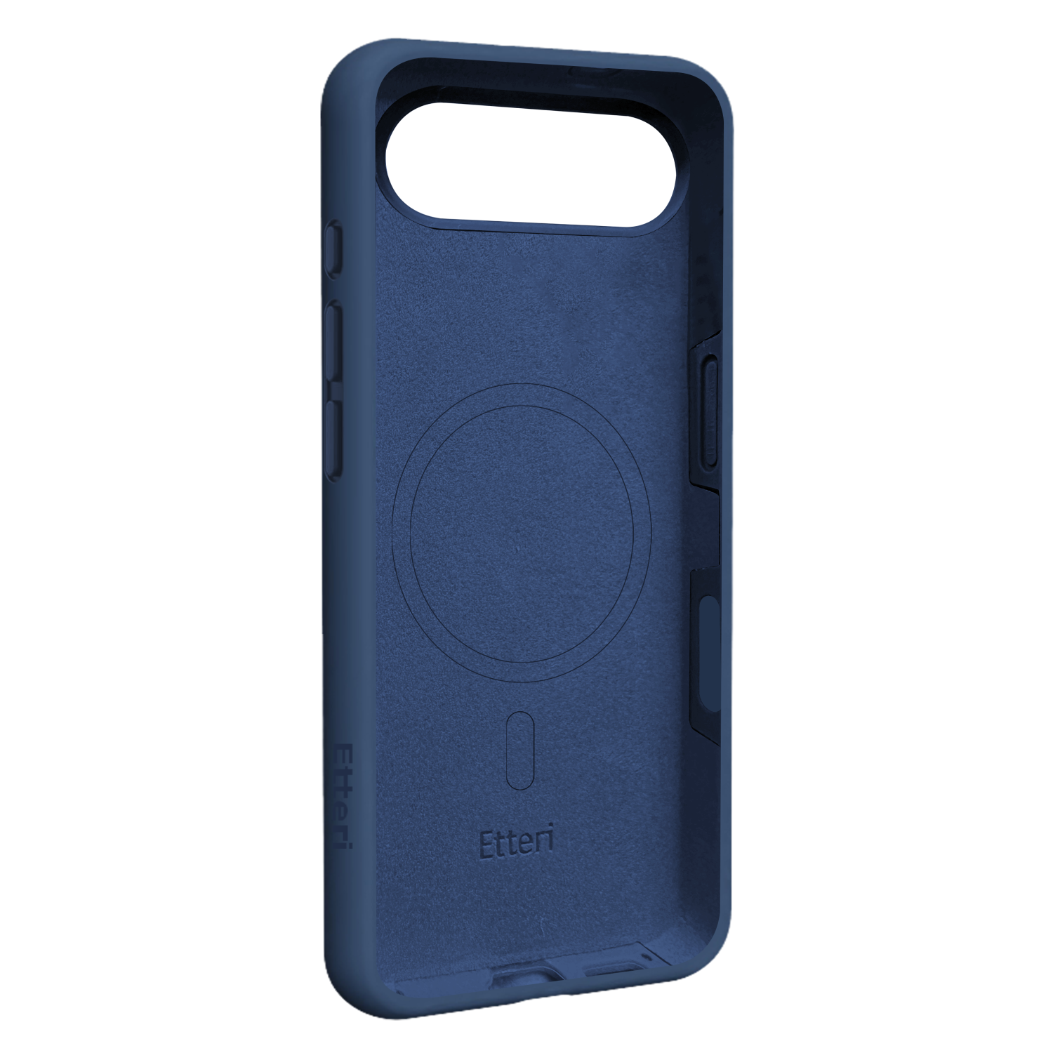 Una custodia per telefono blu navy, che mostra l'interno. Ha una superficie strutturata e un segno circolare, con il marchio 'Etteri' visibile.