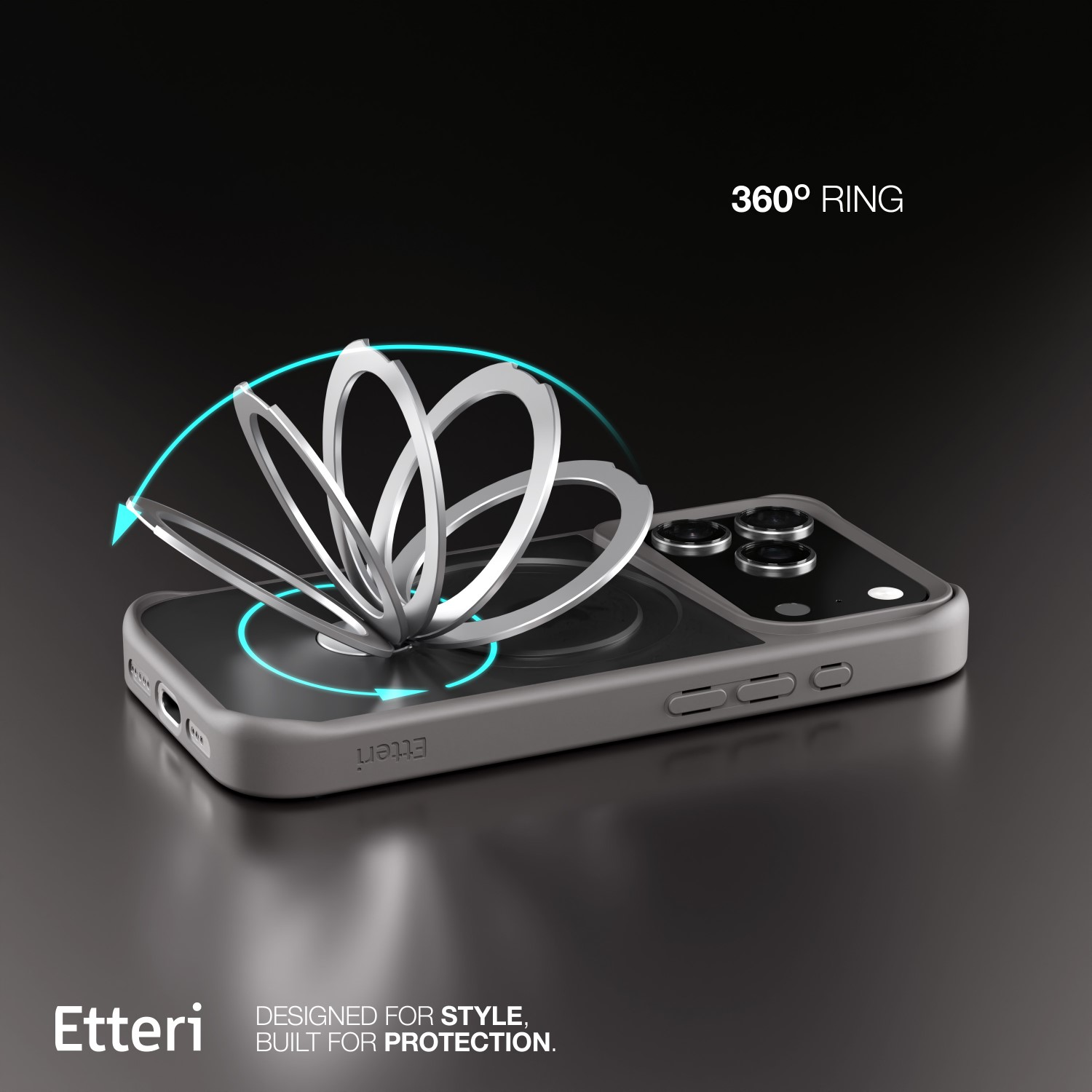Custodia grigia per telefono con anello argentato a 360°. La custodia è su una superficie scura. Testo: 'Etteri' e 'Designed for Style, Built for Protection'.