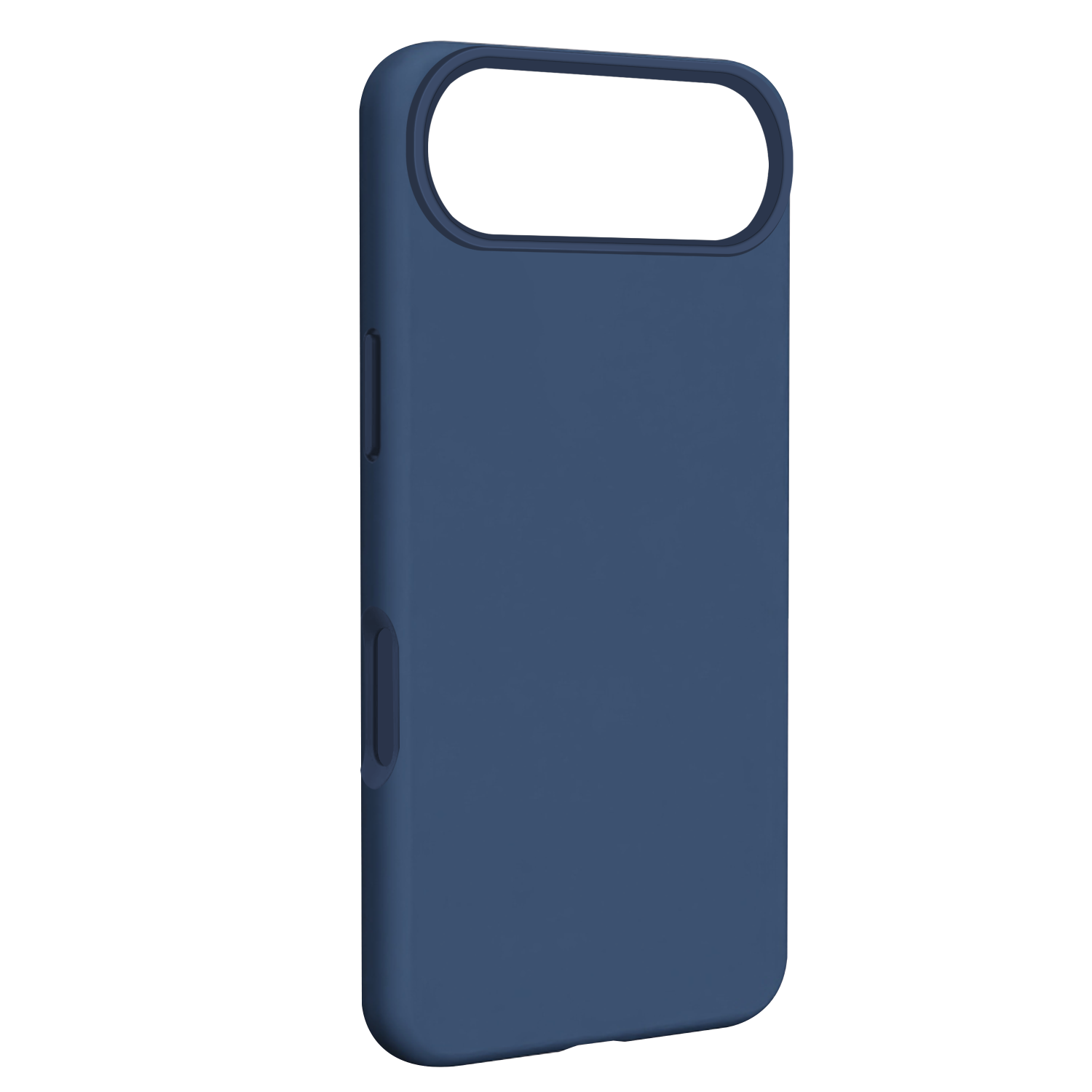 Una custodia per telefono blu navy con parte superiore aperta e ritaglio per la fotocamera. La custodia è su sfondo bianco.