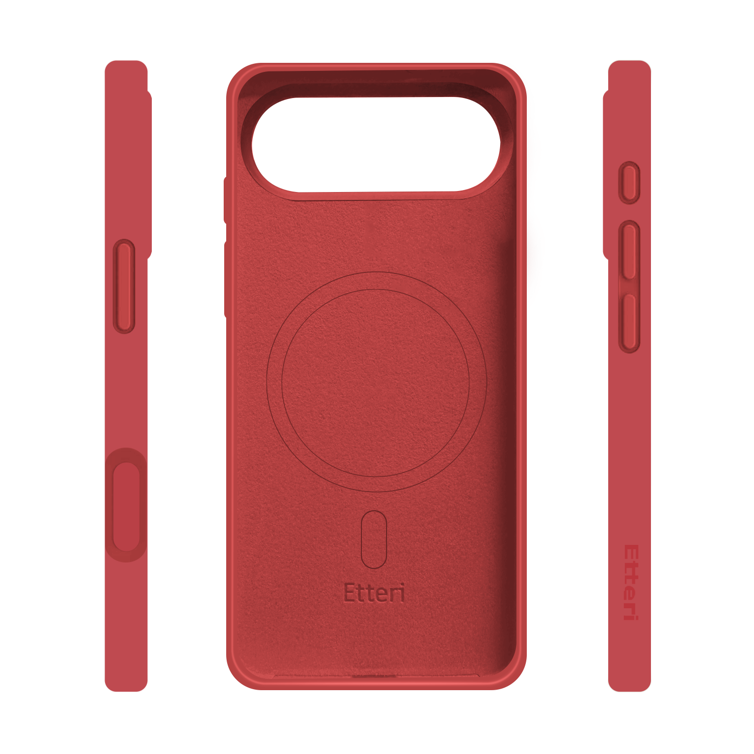 Custodia rossa per telefono con tre viste. La vista principale mostra l'interno con un cerchio. Due viste laterali mostrano pulsanti e bordi.