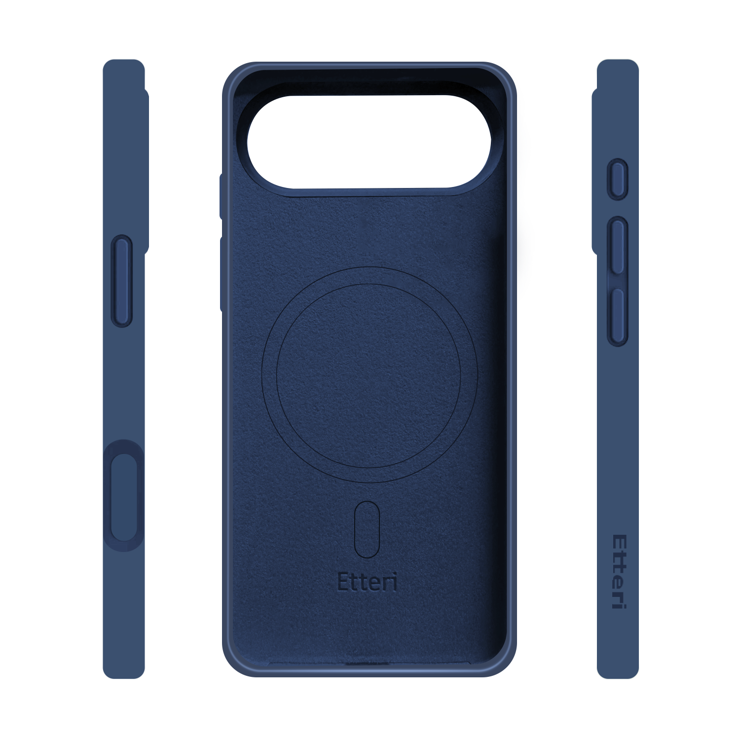 Tre viste di una custodia per telefono blu navy. La custodia ha un ritaglio per la fotocamera e i pulsanti. Il marchio 'Etteri' è visibile.