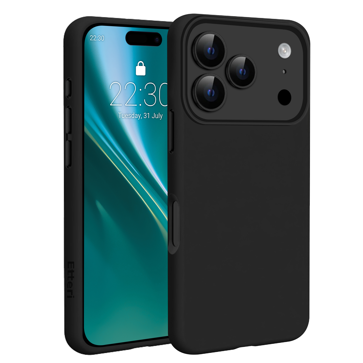 Czarny telefon w etui wyświetla godzinę i datę. Etui ma moduł aparatu z trzema obiektywami.