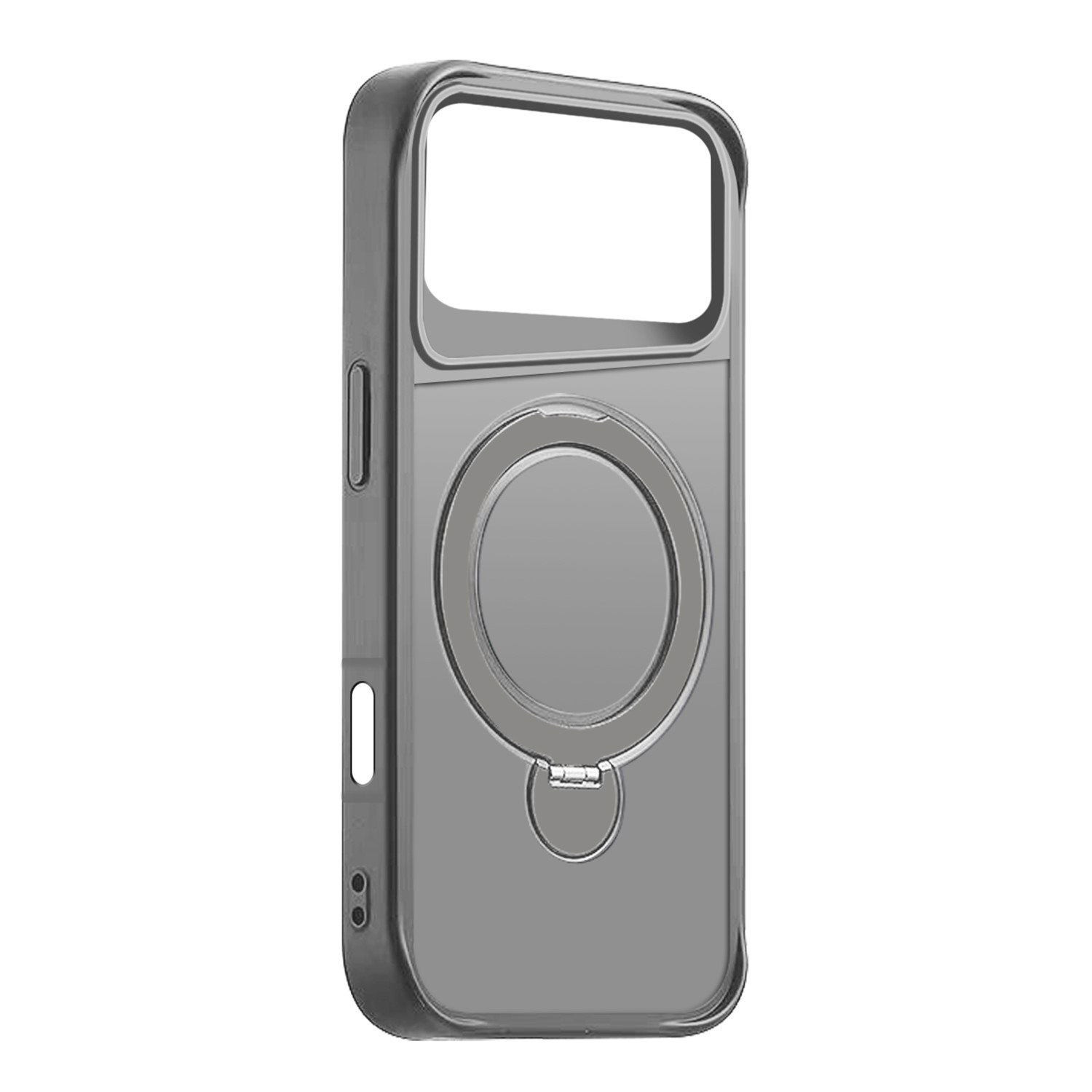 Una custodia grigia per telefono con un ritaglio per la fotocamera e un supporto ad anello circolare è mostrata su sfondo bianco. La custodia è trasparente.