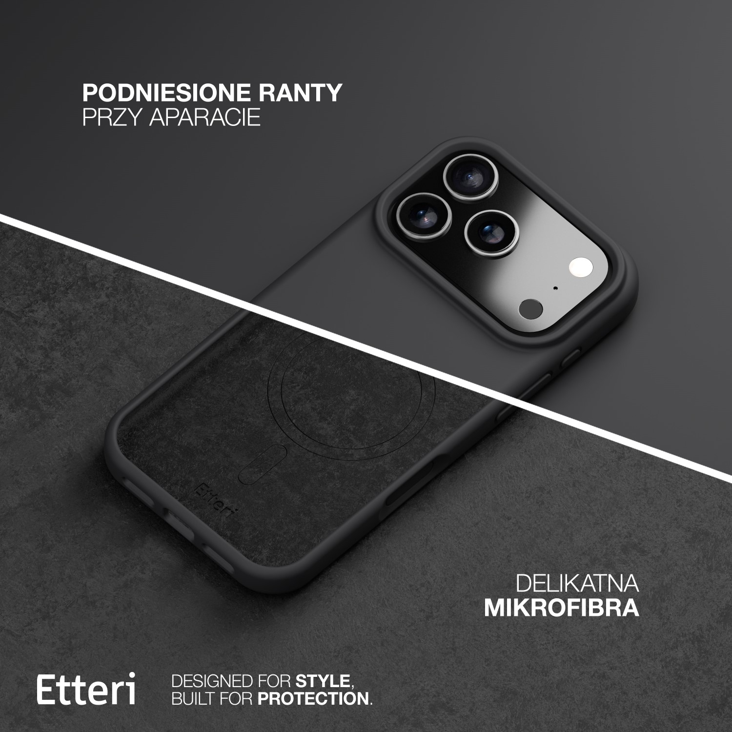 Czarne etui na telefon z podniesionymi krawędziami wokół aparatu. Etui ma wnętrze z mikrofibry. Widoczne logo marki Etteri.