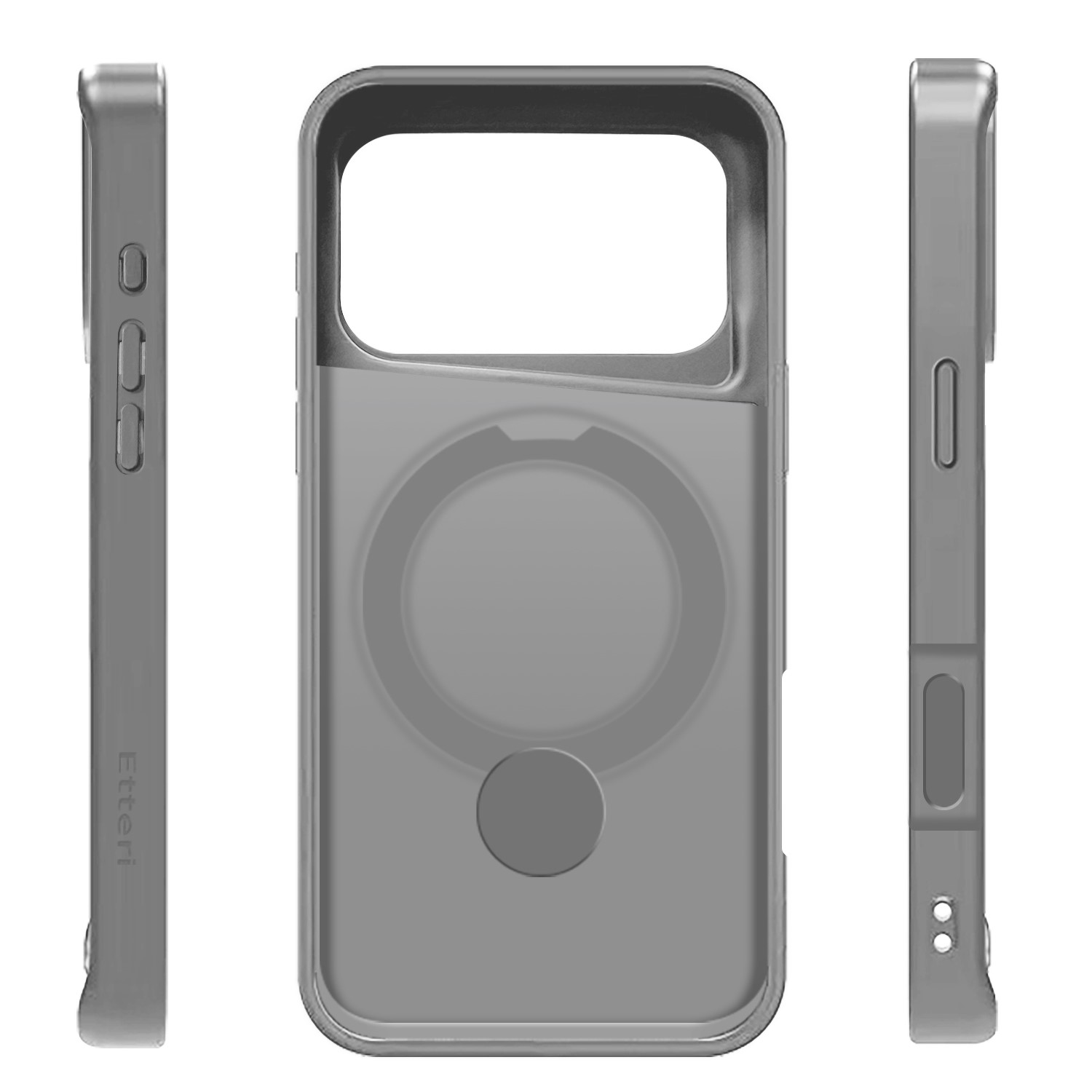 Una custodia grigia per telefono con tre viste. La parte anteriore ha un ampio ritaglio per la fotocamera e dettagli circolari. Le viste laterali mostrano ritagli per i pulsanti e il logo Etteri.