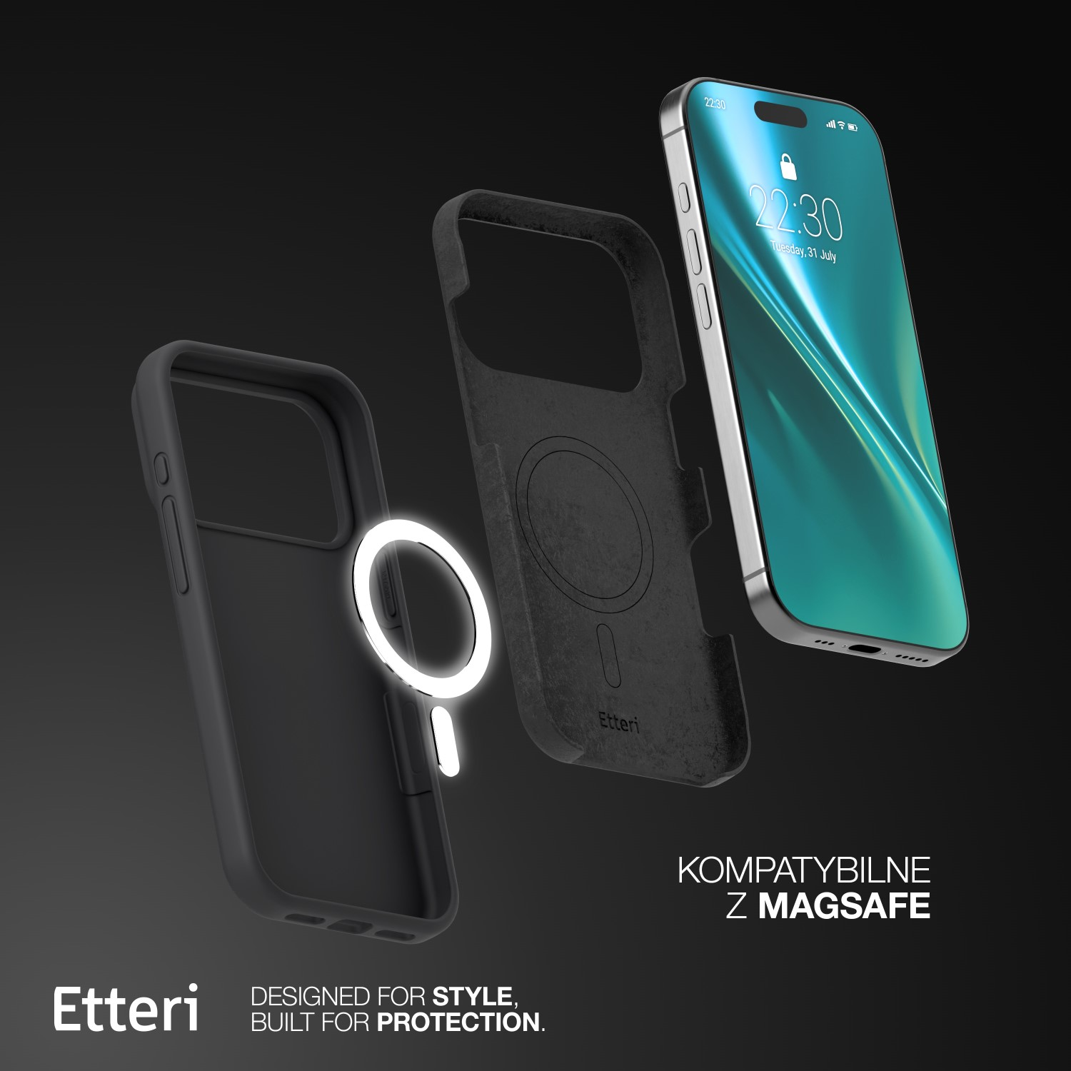 Telefon, etui i świecący okrąg na czarnym tle. Tekst: 'Etteri' i 'Kompatybilny z MagSafe'.