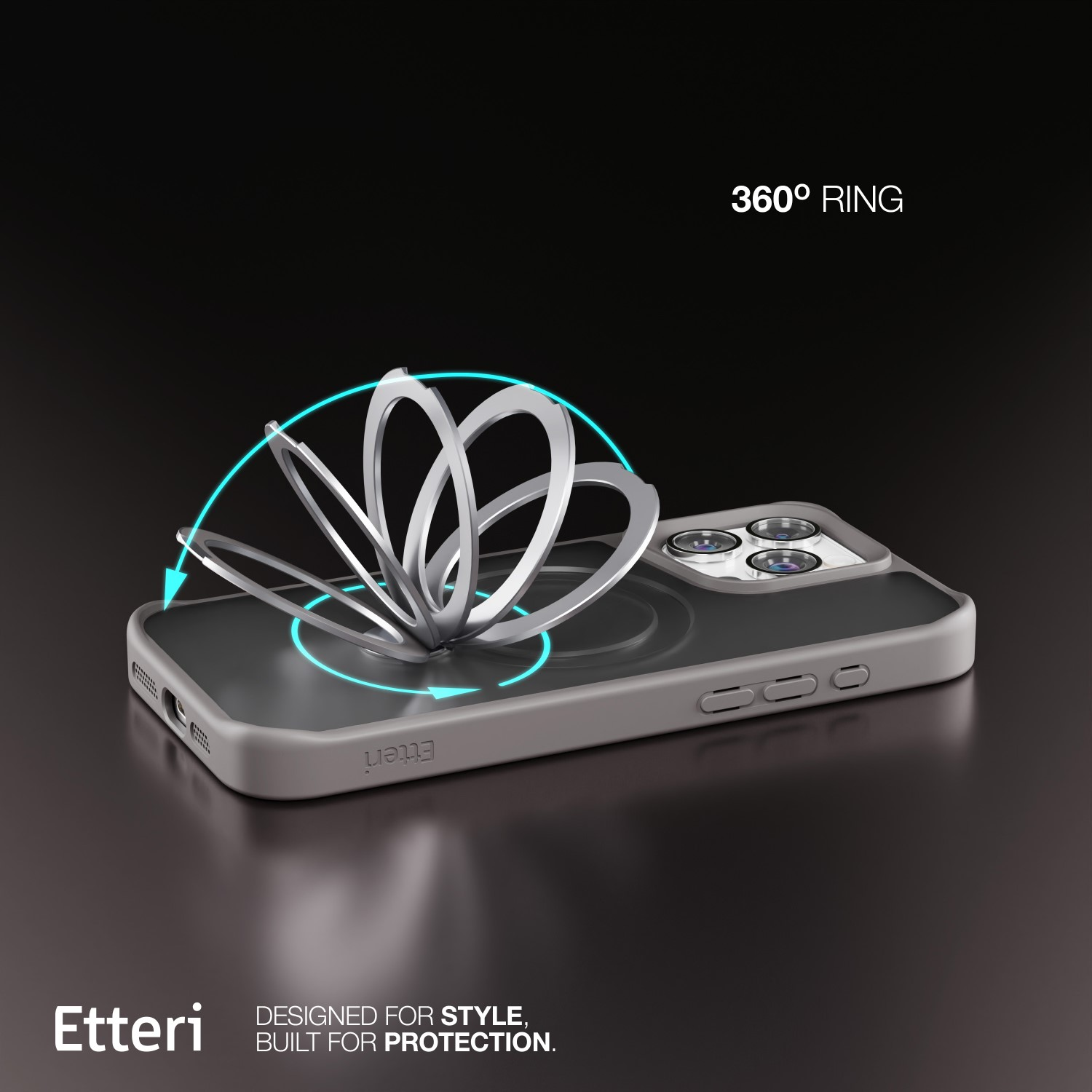 Una custodia per telefono con un supporto ad anello argentato a 360°. La custodia è grigia e lo sfondo grigio scuro. Il testo recita 'Etteri' e 'DESIGNED FOR STYLE, BUILT FOR PROTECTION'.