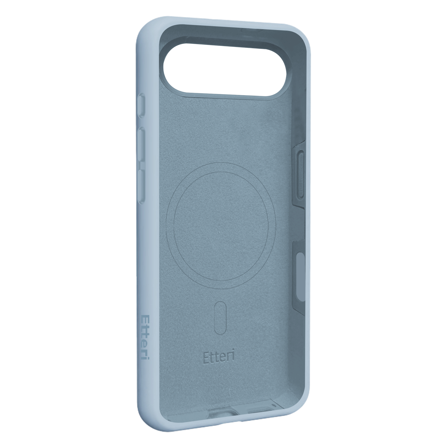 Custodia per telefono azzurra con interno strutturato. Visibile il marchio "Etteri". La custodia ha aperture per fotocamera e pulsanti.
