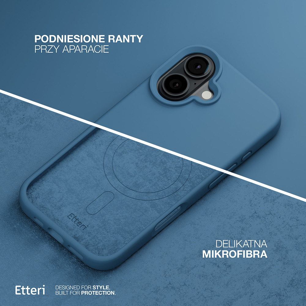 Custodia blu per telefono con bordi rialzati e interno in microfibra. La custodia è su una superficie blu. Il testo dice 'Etteri'.