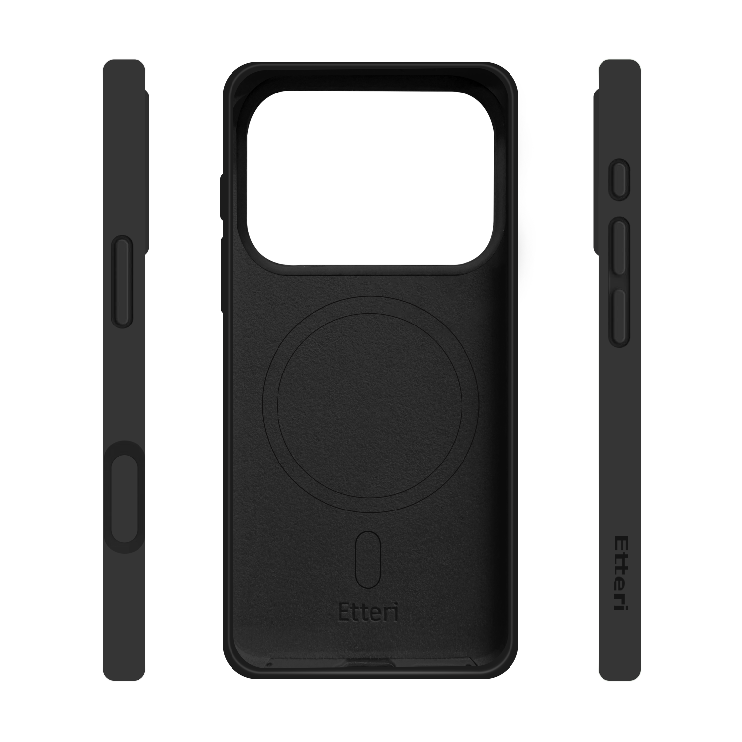 Czarne etui na telefon z trzema widokami: przód, bok i tył. 'Etteri' jest nadrukowane z tyłu. Etui ma okrągły wzór.
