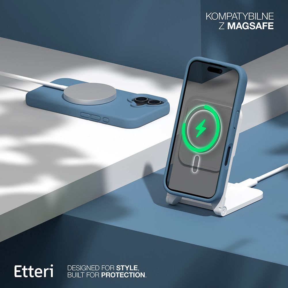 Una custodia blu per telefono con un disco di ricarica argentato. Un altro telefono è in carica su un supporto bianco. Un fulmine verde indica la ricarica.