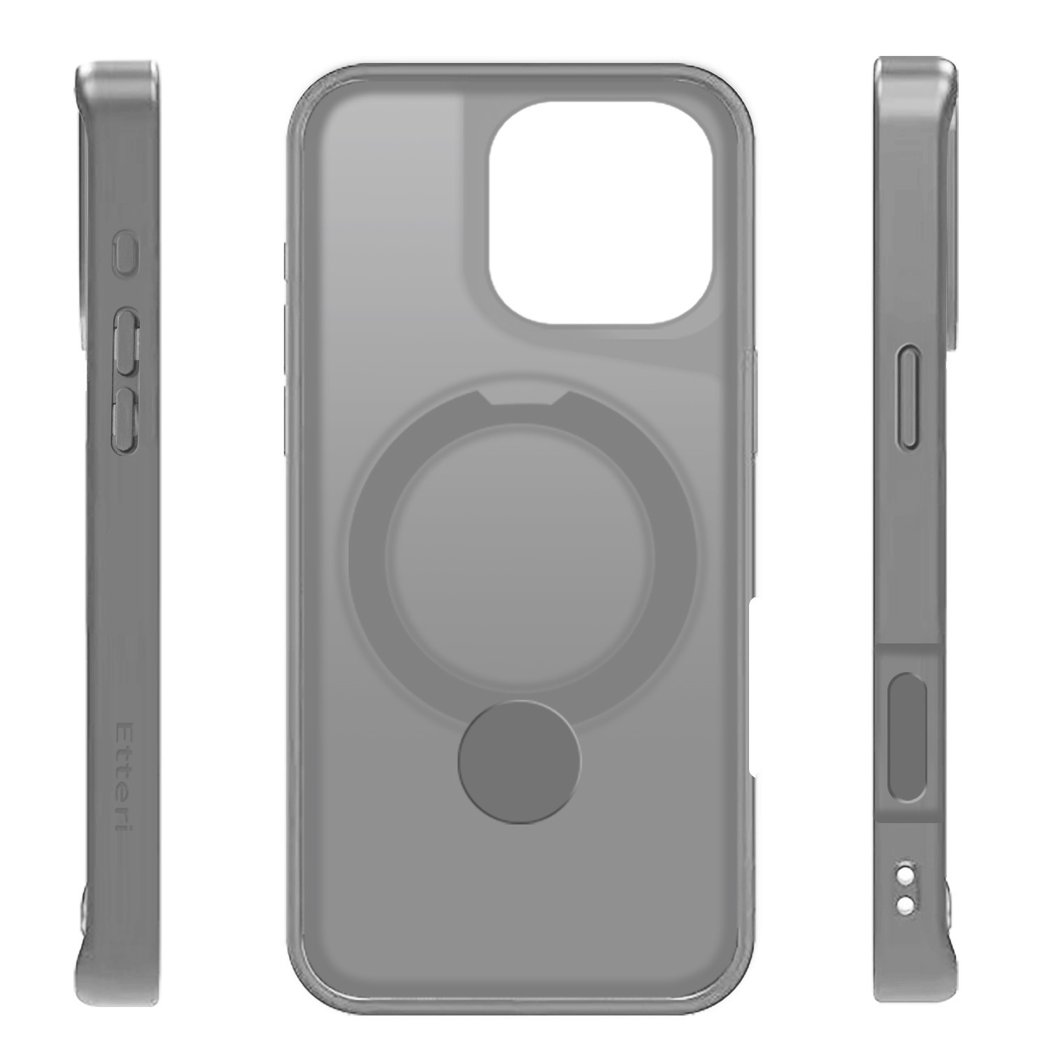Una custodia per telefono grigia trasparente è mostrata da più angolazioni. Ha un anello e un piccolo cerchio al centro. La custodia è per iPhone.