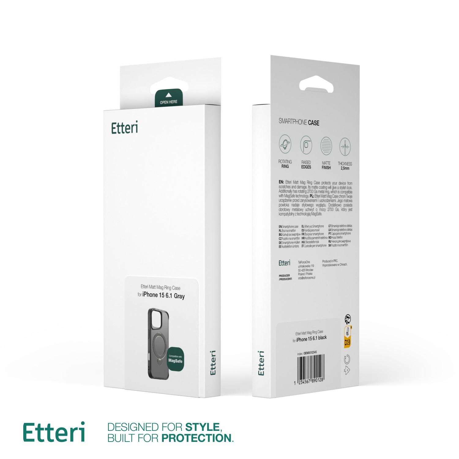 Una scatola per custodia per telefono. Ha il marchio Etteri e l'immagine di una custodia.