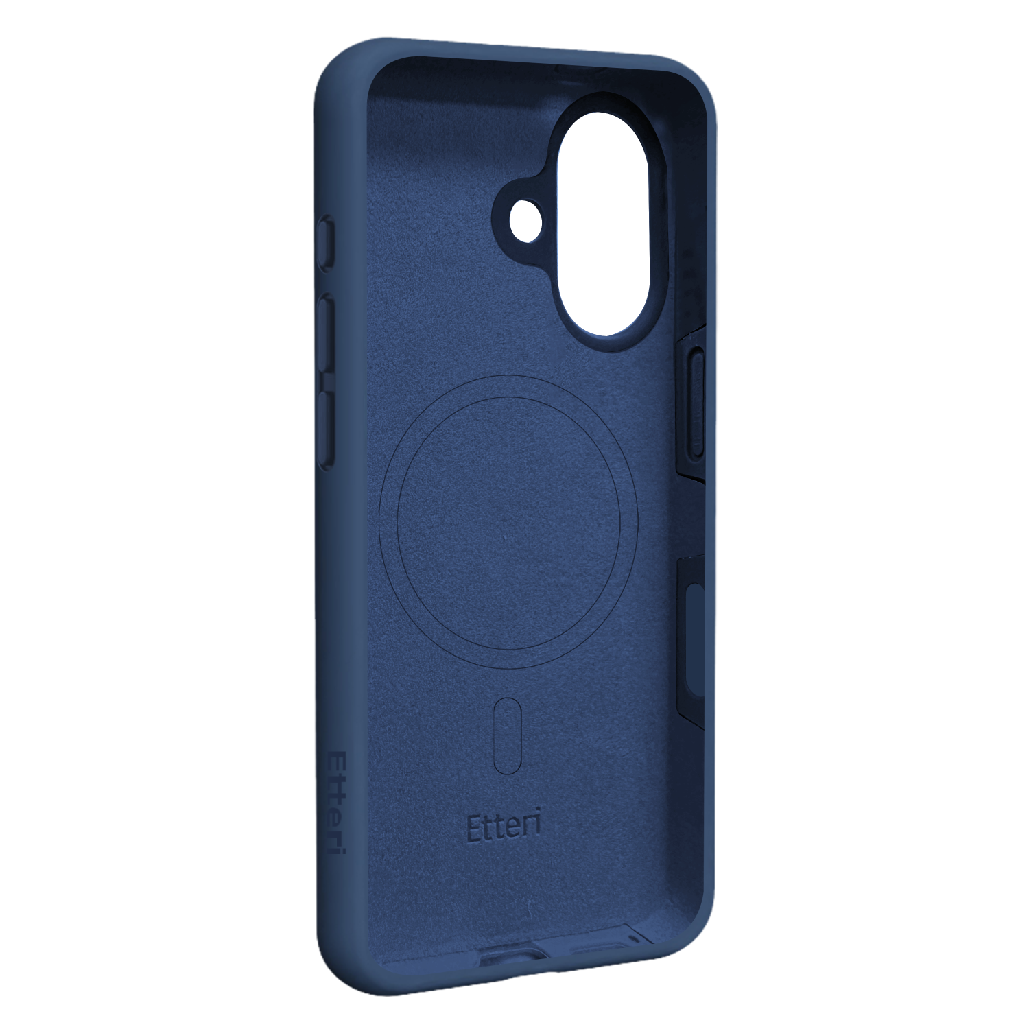 Una custodia per telefono blu scuro. Ha dei fori per la fotocamera e i pulsanti. Il marchio Etteri è visibile.