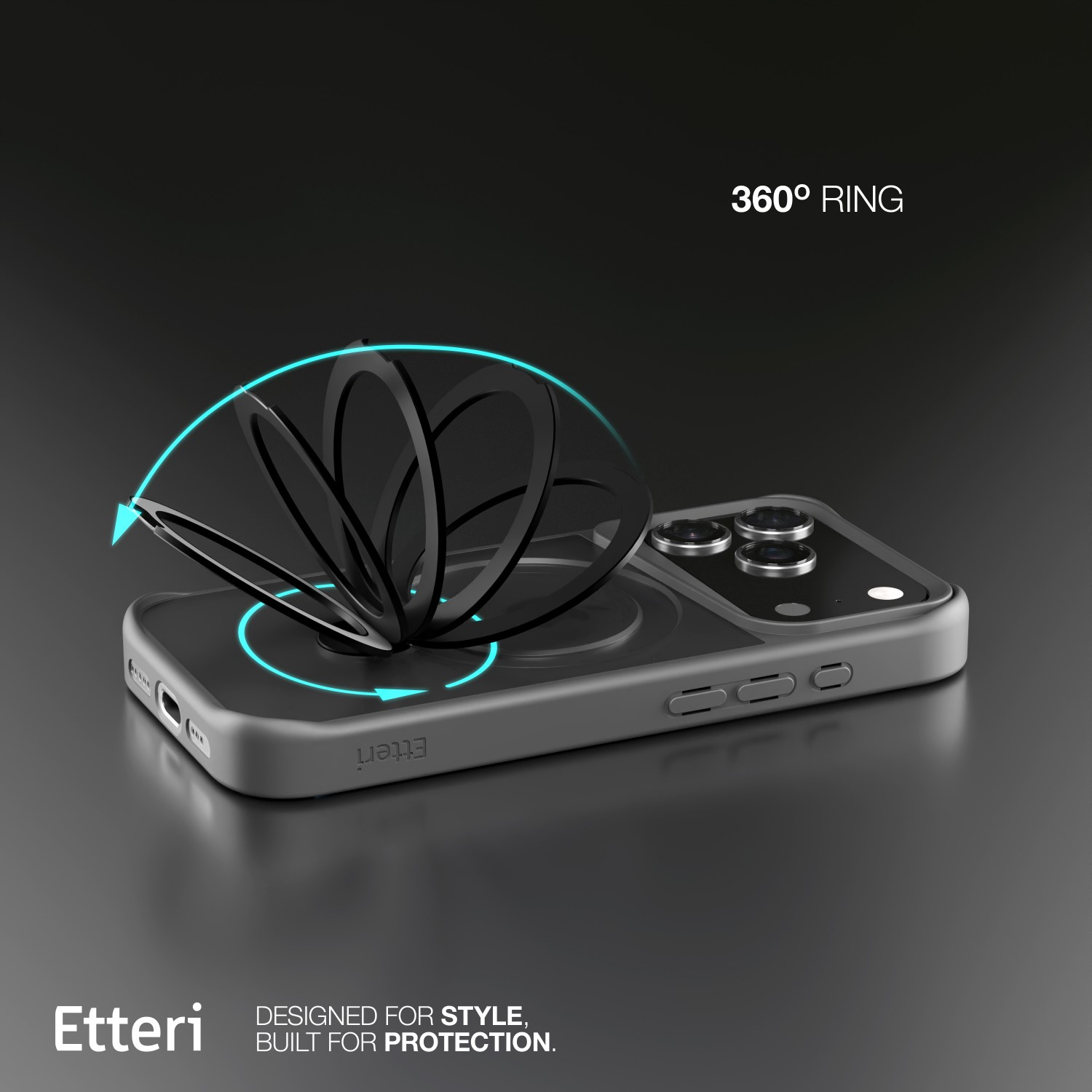 Una custodia per telefono con funzione ad anello a 360°. La custodia è grigia, con un design ad anello nero sopra. Il marchio è Etteri.