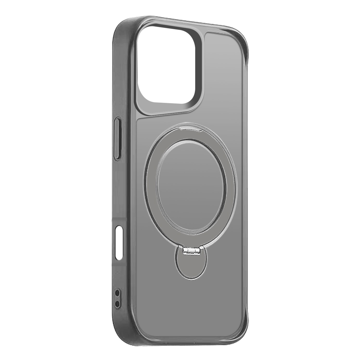 Una custodia grigia per telefono con retro trasparente. Ha un attacco magnetico circolare e un ritaglio per la fotocamera.