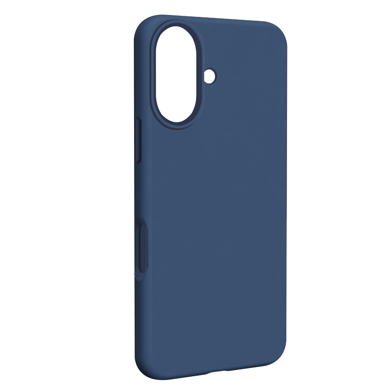 Una custodia per telefono blu scuro con fori per fotocamera e pulsanti. La custodia è su uno sfondo bianco, leggermente angolata verso sinistra.