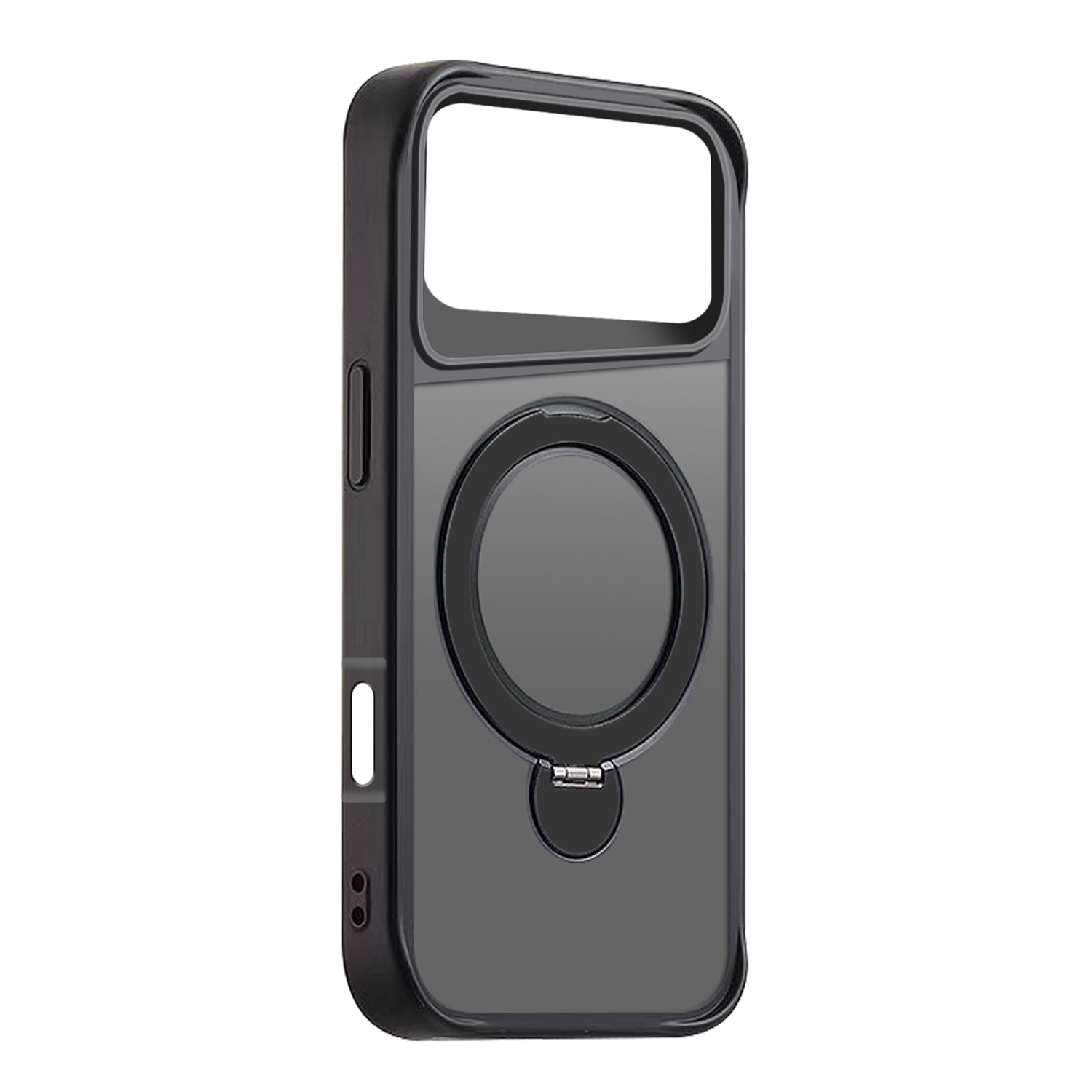 Una custodia per telefono nera con un ritaglio trasparente per la fotocamera e un supporto ad anello. La custodia è su sfondo bianco.