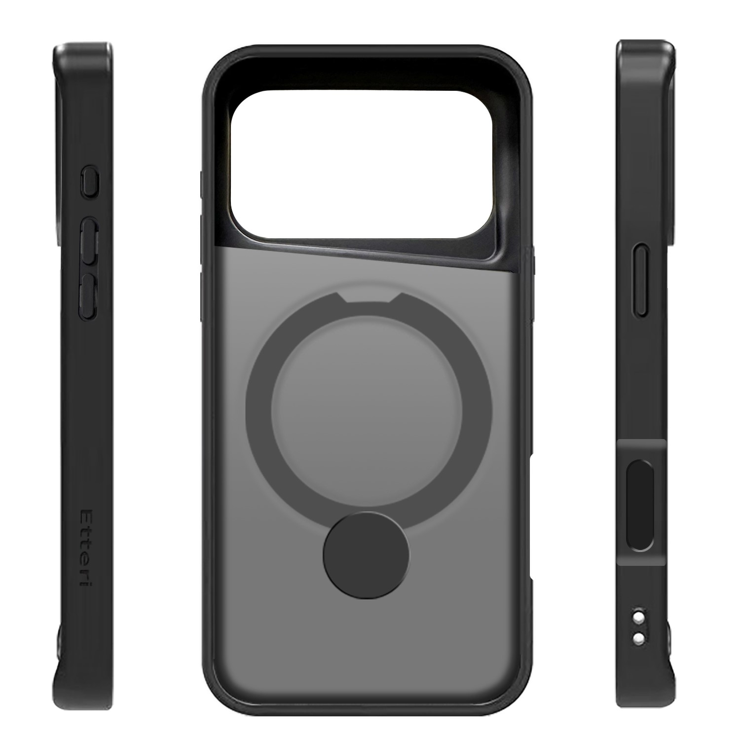 Una custodia nera per telefono con retro grigio trasparente, attacco magnetico circolare e pulsanti laterali. Vengono mostrate tre viste.