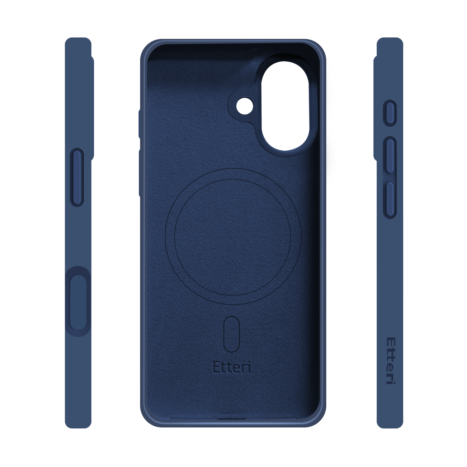 Tre viste di una custodia blu navy. Il centro mostra l'interno, i lati i pulsanti, il marchio è Etteri.