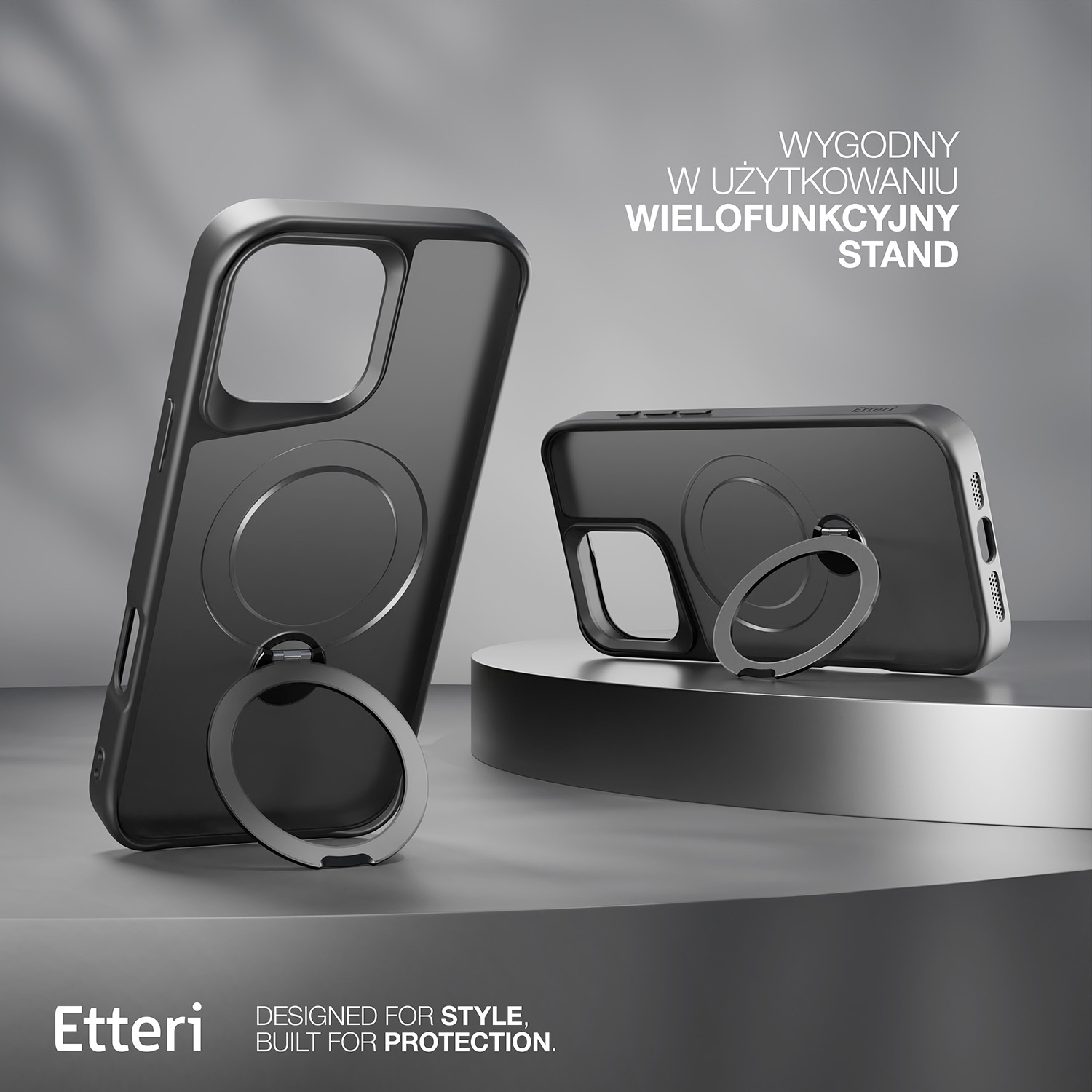 Due custodie per telefoni nere con supporti ad anello su una superficie grigia. Testo: 'Supporto multifunzionale conveniente' e 'Etteri'.