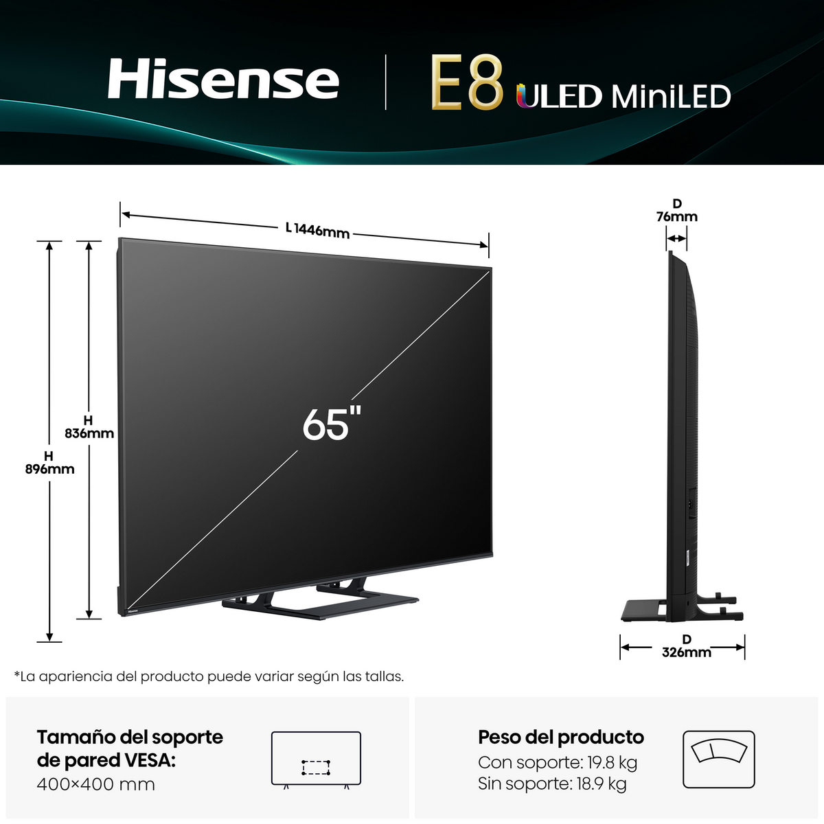 Un televisor Hisense. Muestra dimensiones, incluyendo tamaño de pantalla de 65 pulgadas. Incluye dimensiones en mm y peso con y sin soporte.
