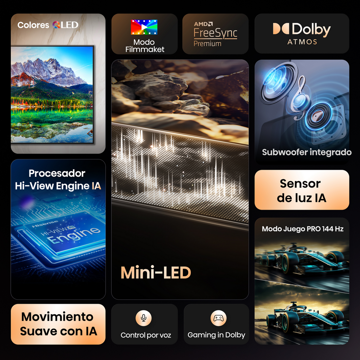 Anuncio de un televisor. Incluye Dolby Atmos, Mini-LED, FreeSync y un motor Hi-View. Se muestran imágenes de coches de carreras.