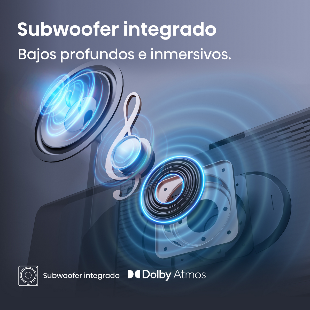 Ilustración de subwoofer con ondas de sonido. El texto dice 'Subwoofer integrado' y 'Dolby Atmos'.